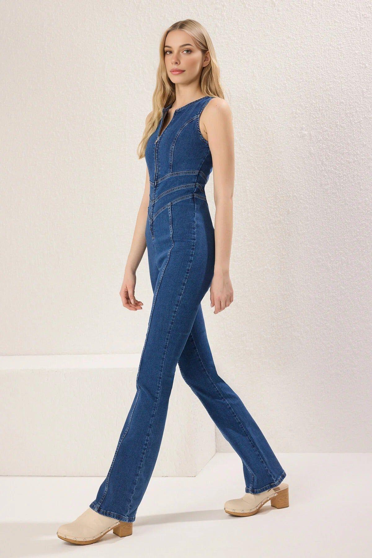 Round Neck Fitted Denim Jumpsuit by WOVCOR