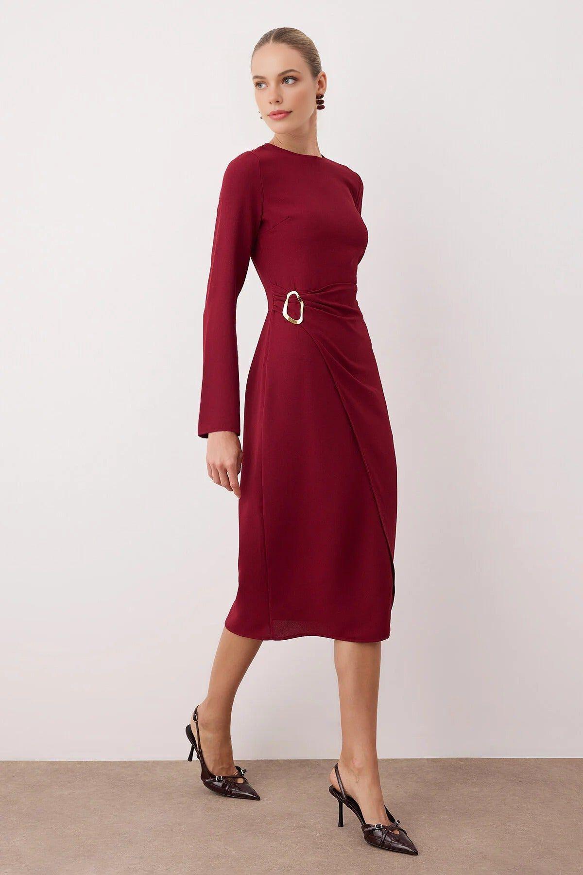 Round Neck Long Sleeve A-Line Midi Woven Dress with Hardware Detail by WOVCOR