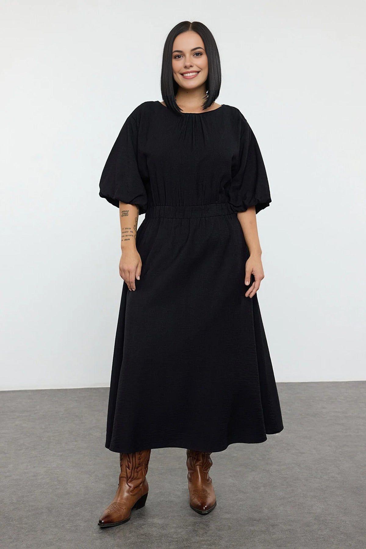 Round Neck Puff Sleeve Elastic Waist Midi Dress by WOVCOR