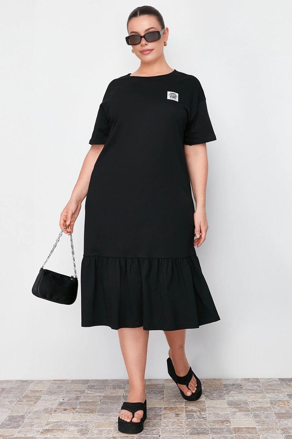 Round Neck Short Sleeve Smock Midi Dress with Ruffle Hem by WOVCOR