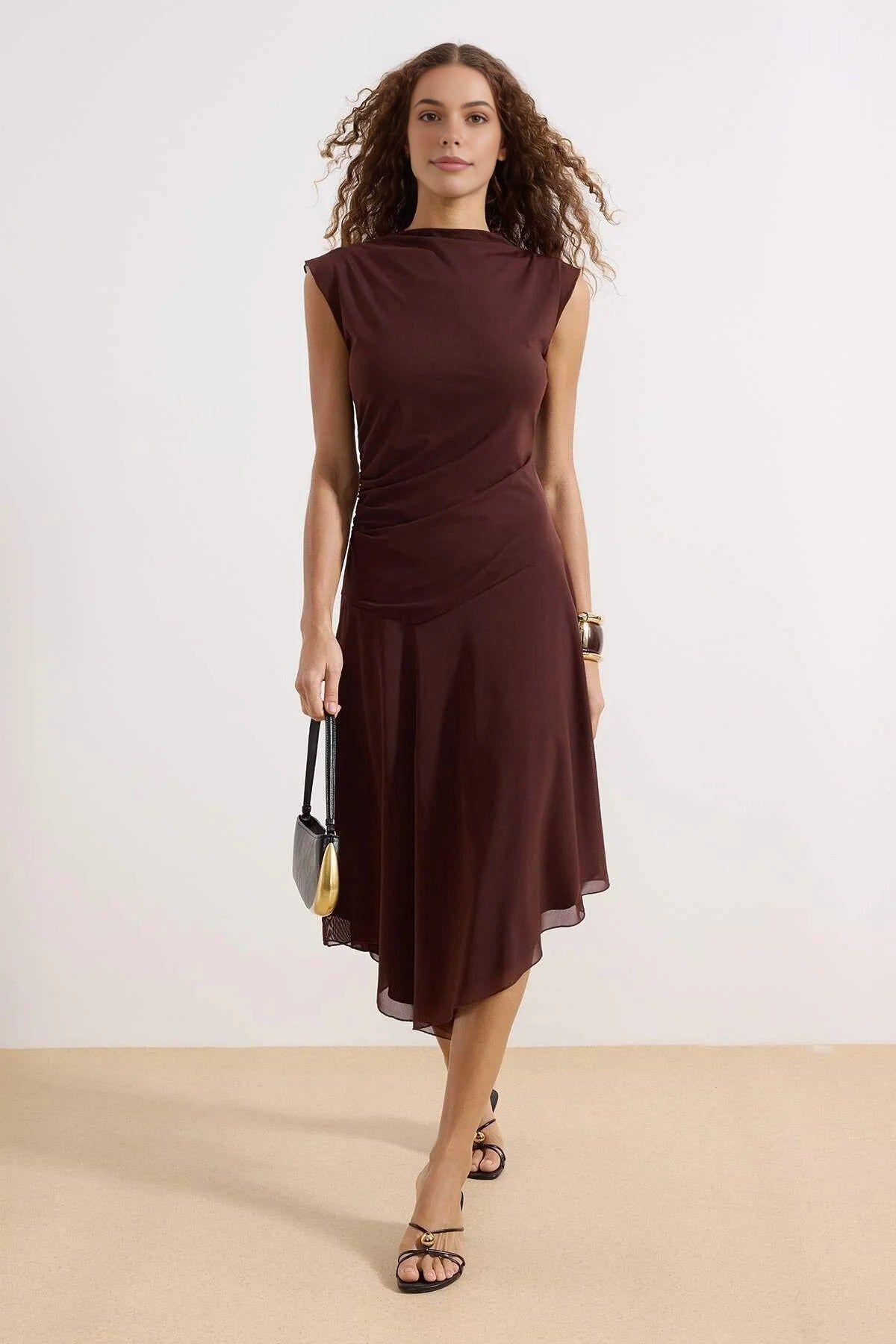 Ruched Asymmetric Hem Cap Sleeve High Neck Midi Dress by WOVCOR