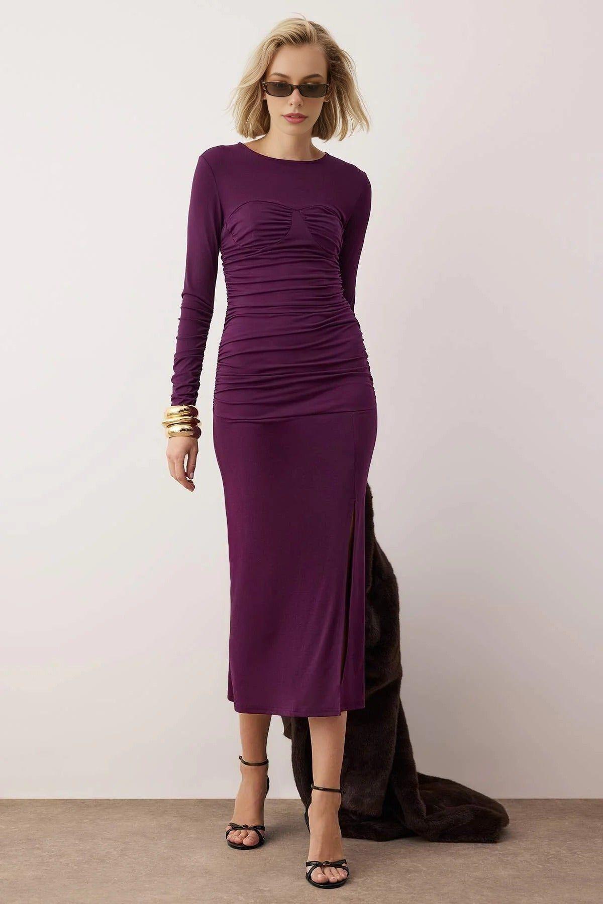 Ruched Detail Long Sleeve Knit Maxi Dress by WOVCOR