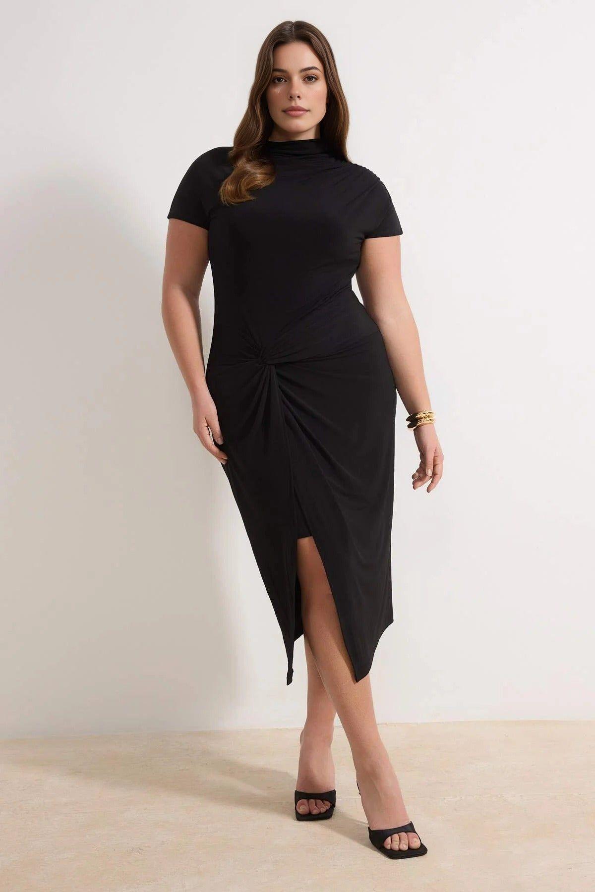 Ruched Front High Neck Midi Dress with Side Split by WOVCOR