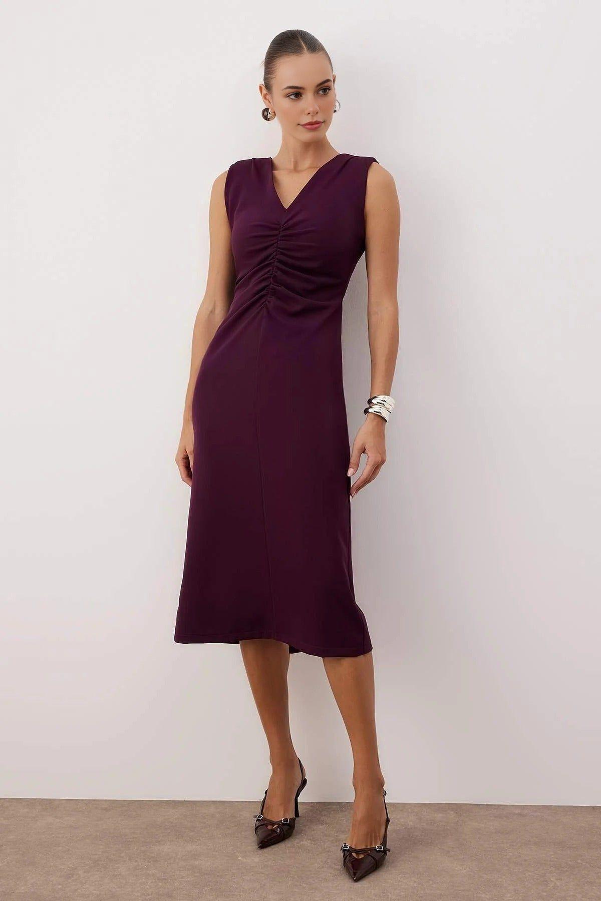 Ruched Front V-Neck Midi Woven Dress by WOVCOR