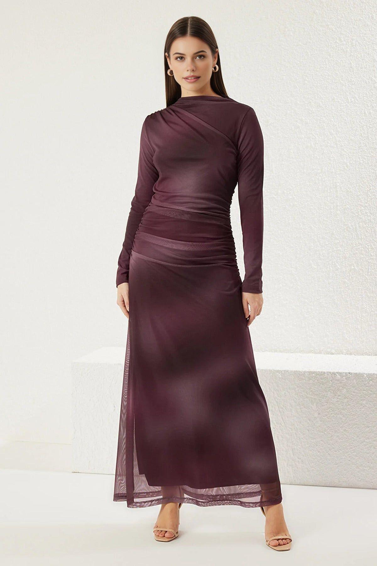 Ruched Mesh Long Sleeve Maxi Dress by WOVCOR