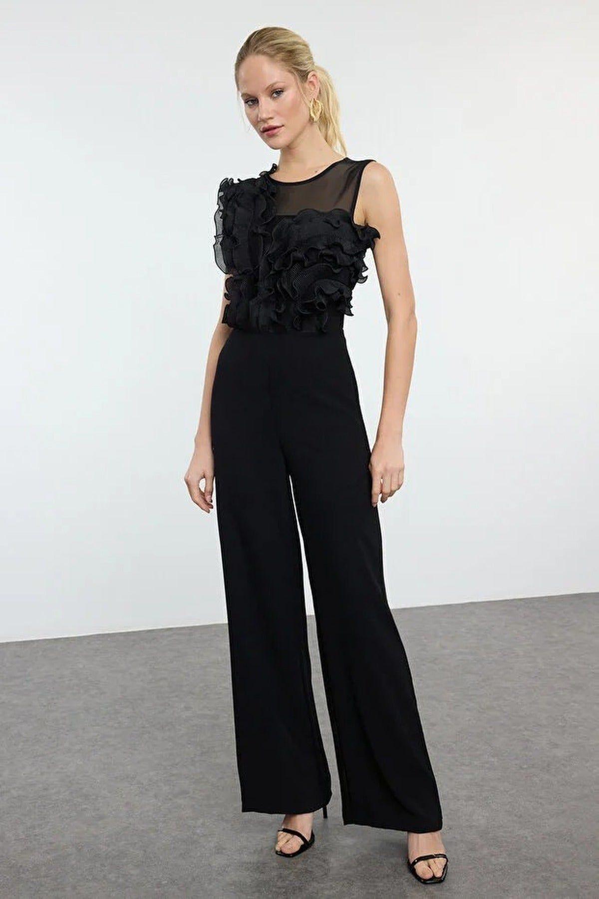 Ruffle Mesh Bodice Sleeveless Wide Leg Jumpsuit by WOVCOR