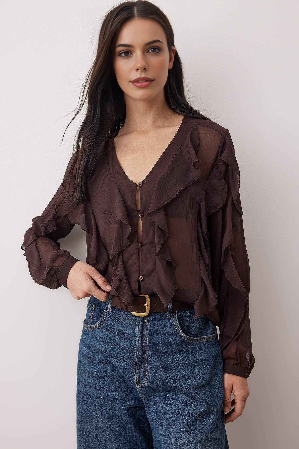 Ruffled Boho Style Button-Up Shirt by WOVCOR