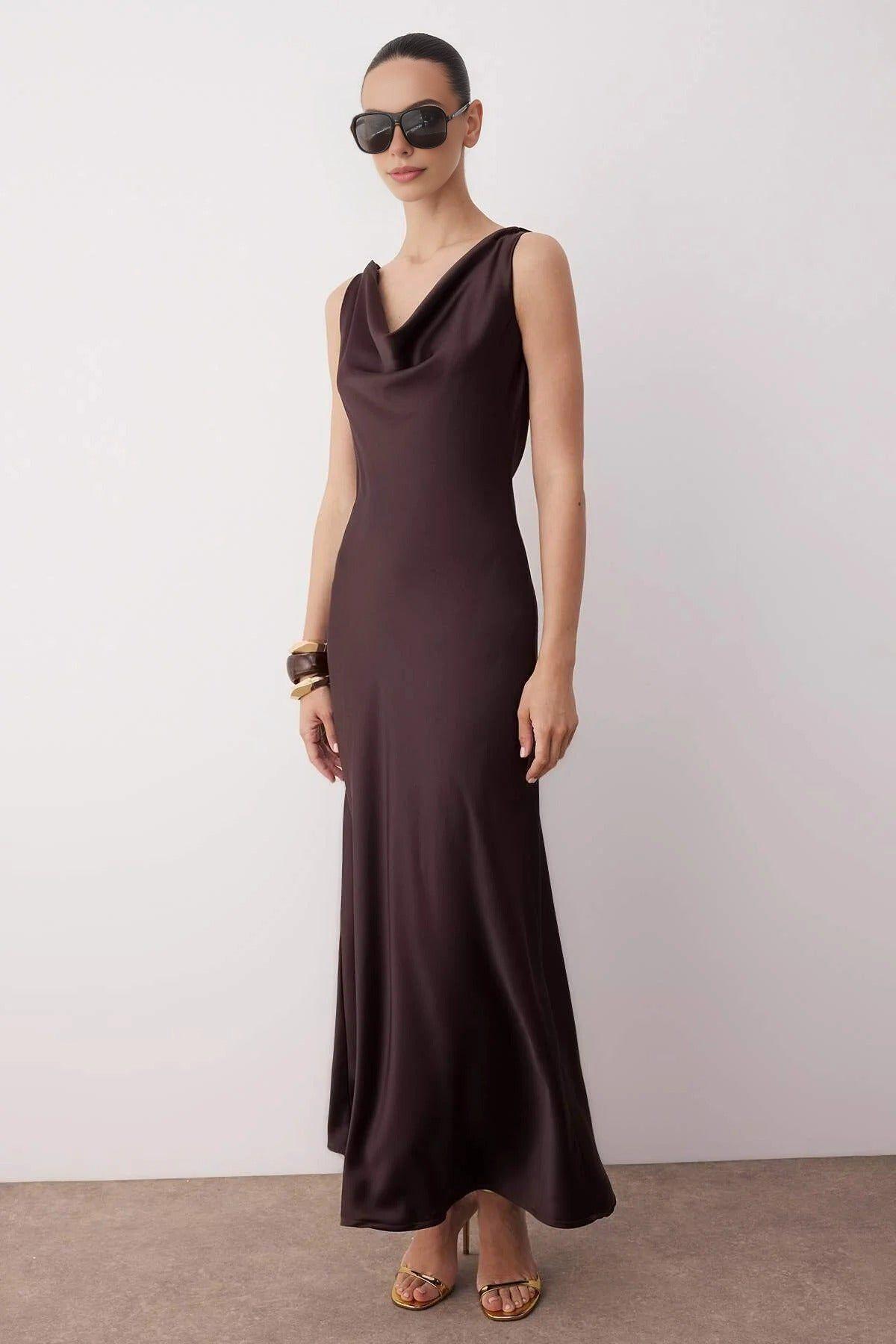 Satin Cowl Neck Maxi Dress by WOVCOR