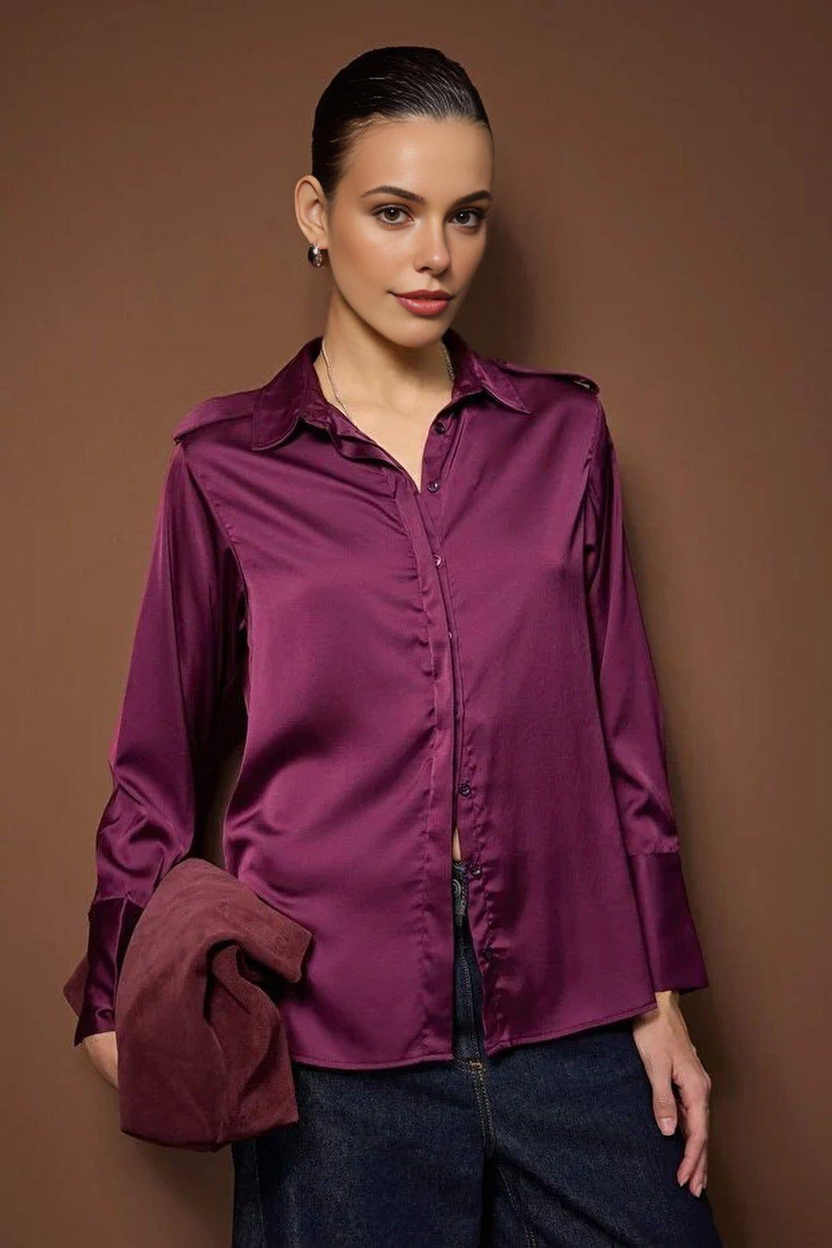 Satin Epaulette Detail Button-Up Shirt by WOVCOR