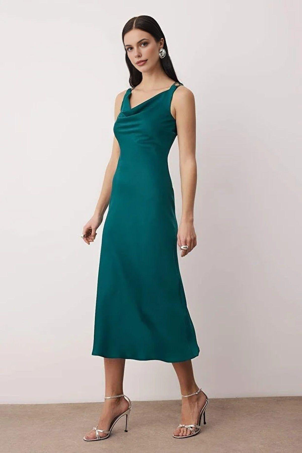 Satin Midi Evening Dress with Draped Neckline and Embellished Strap by WOVCOR