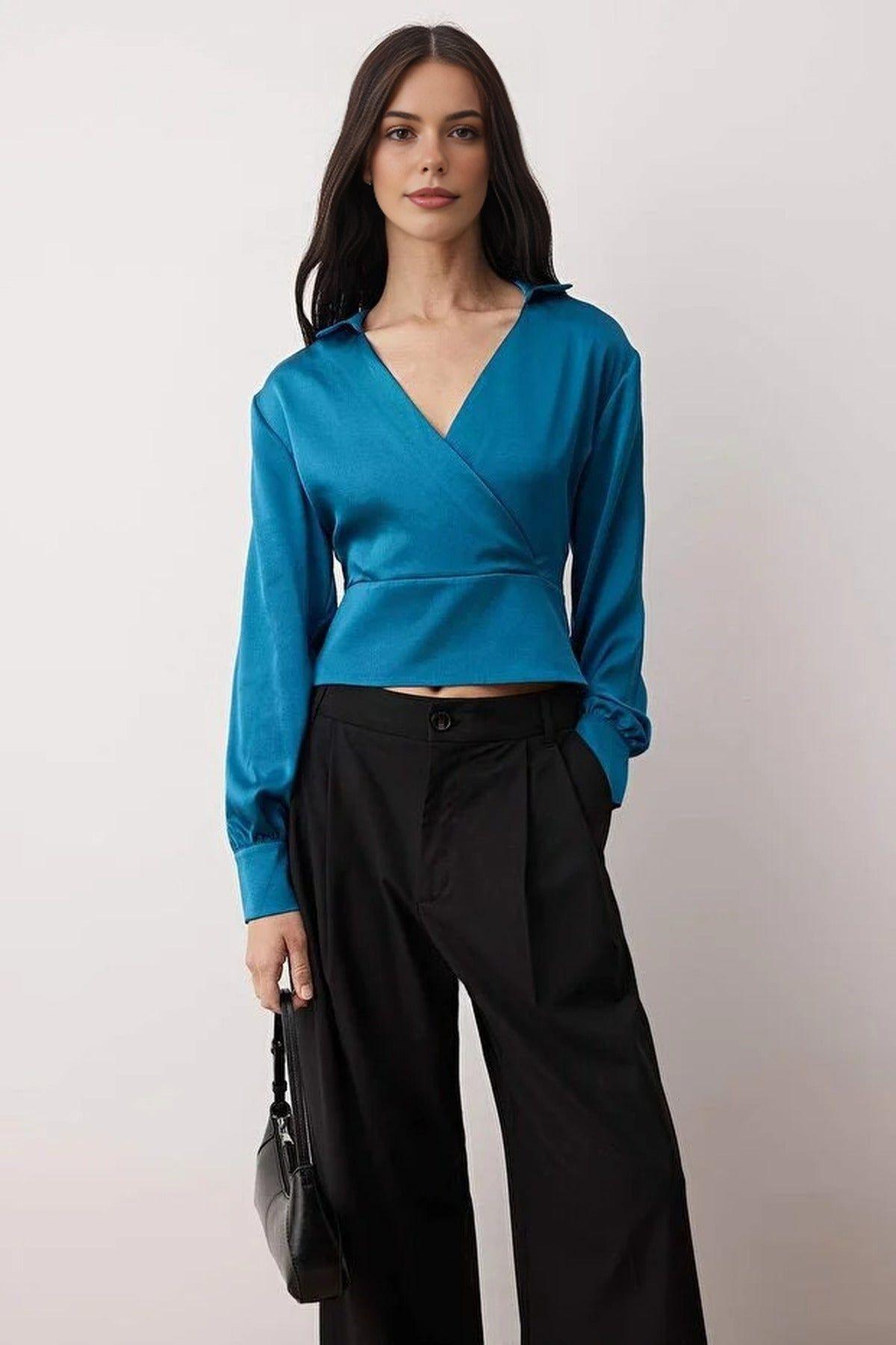 Satin Woven Wrap Blouse with V Neck Detail by WOVCOR