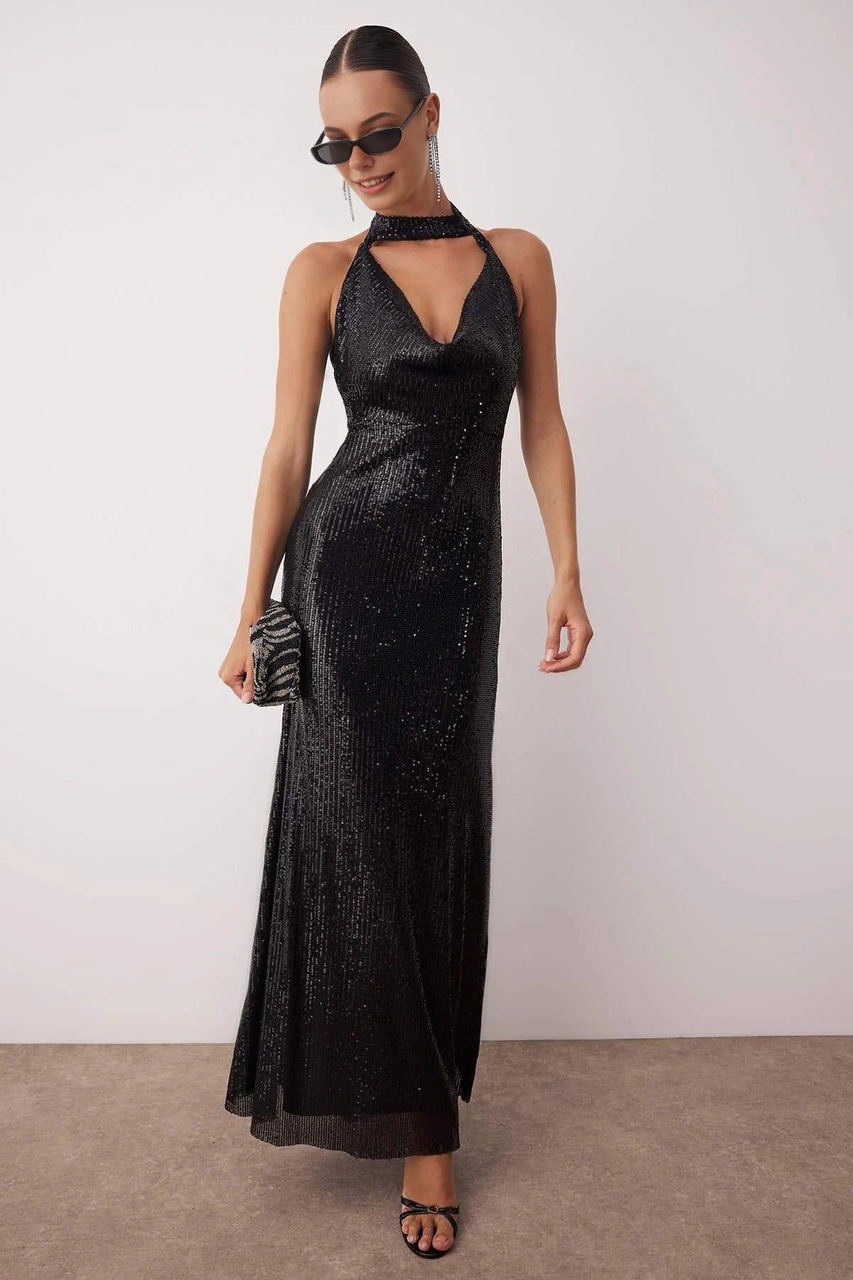 Sequin Cowl Halterneck Maxi Dress by WOVCOR