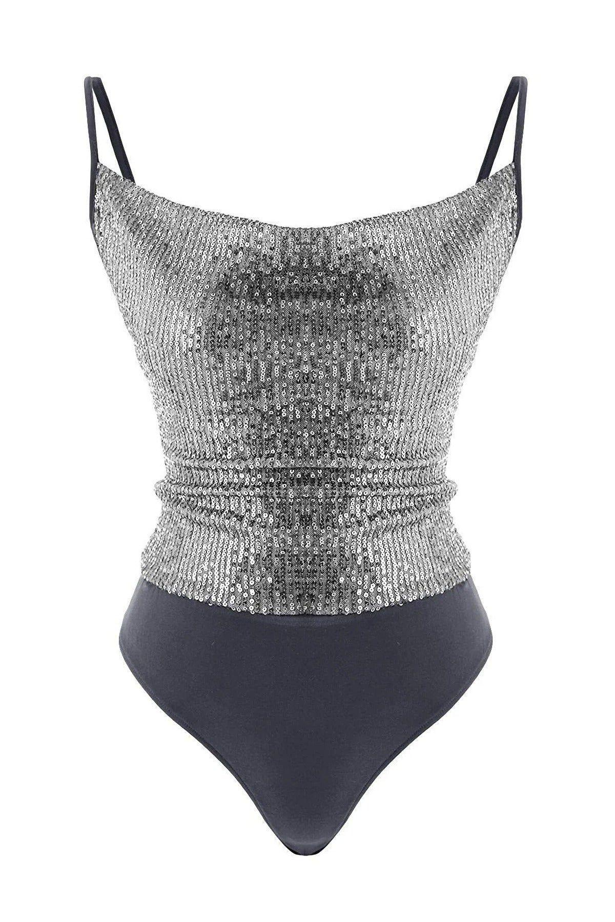 Sequin Cowl Neck Strappy Bodysuit by WOVCOR