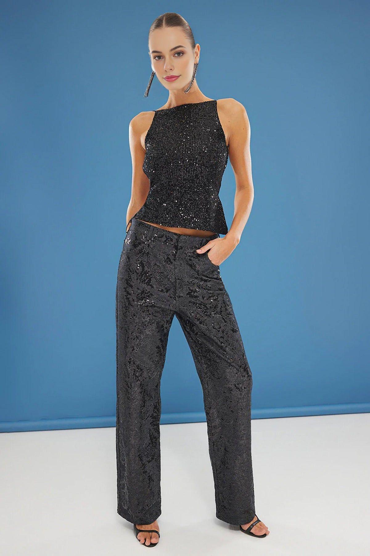 Sequin Strappy Open Back Halterneck Top by WOVCOR