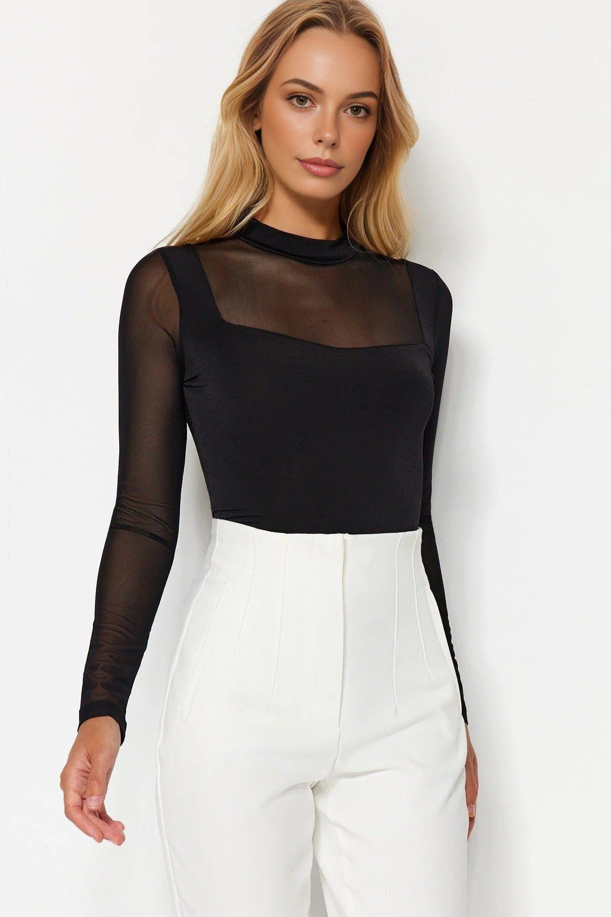 Sheer Mesh Panel Long Sleeve High Neck Bodysuit by WOVCOR