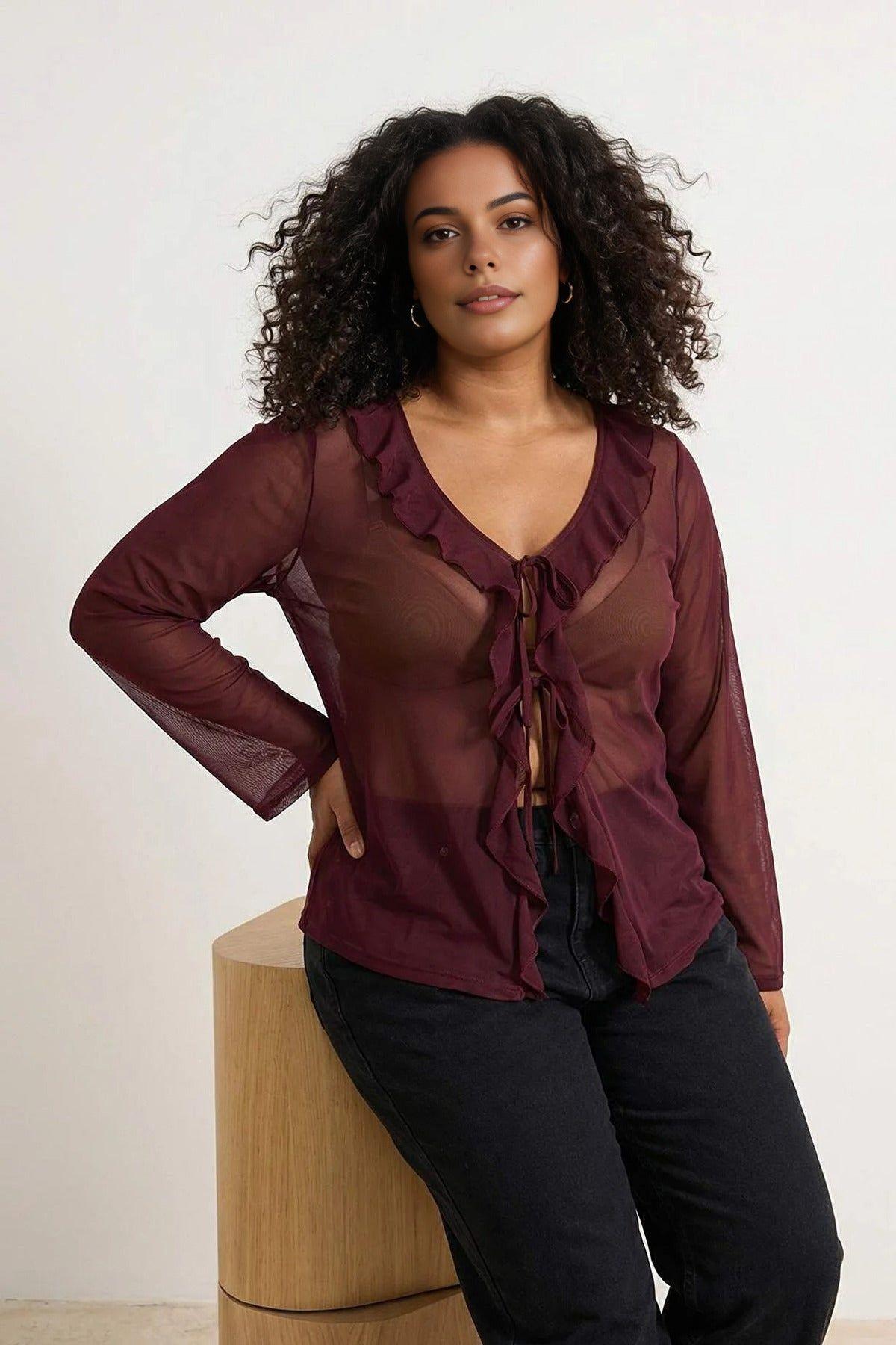Sheer Mesh Tie Front Frill Detail Long Sleeve Blouse by WOVCOR