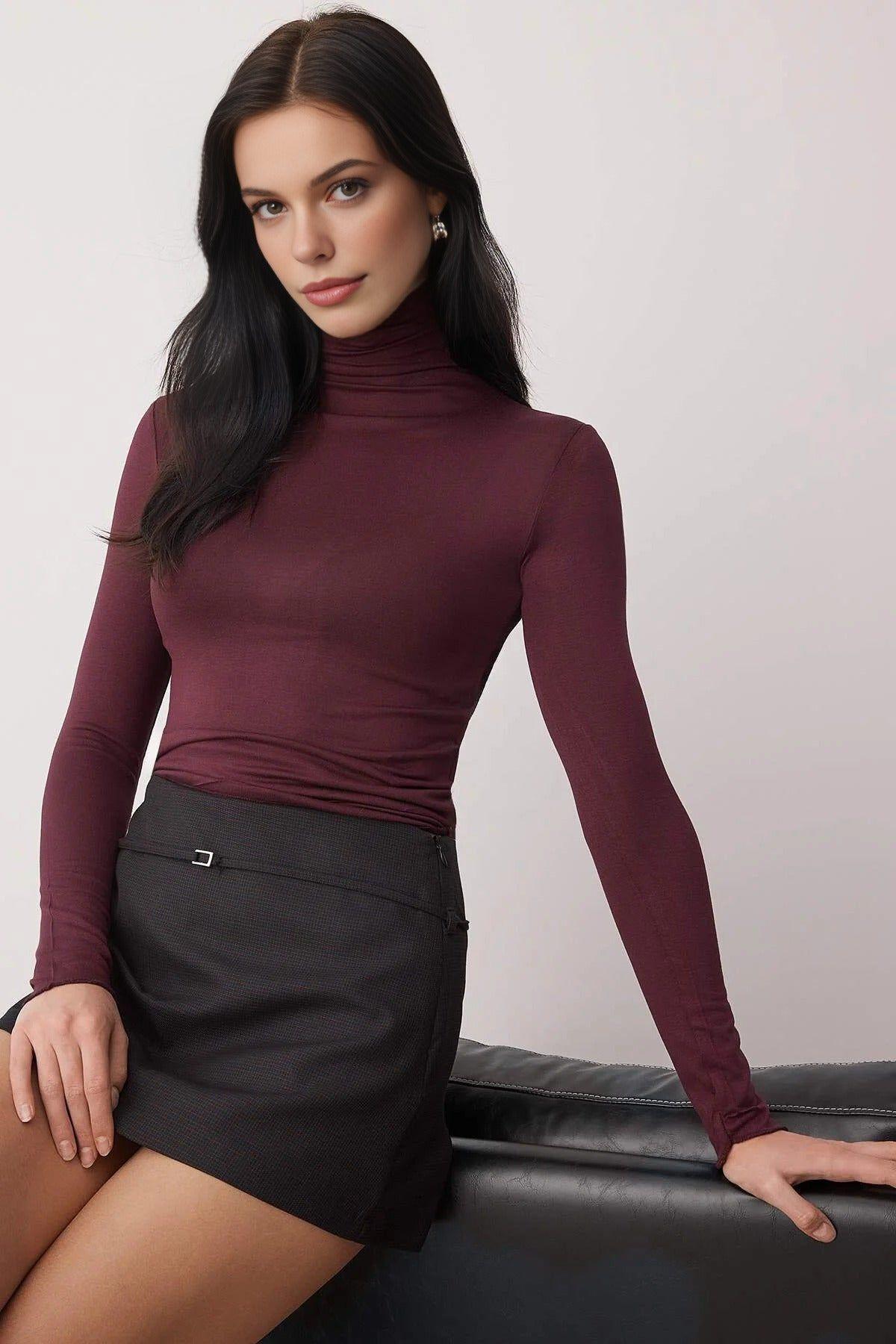 Sheer Stand Collar Stretch Knit Long Sleeve Blouse by WOVCOR