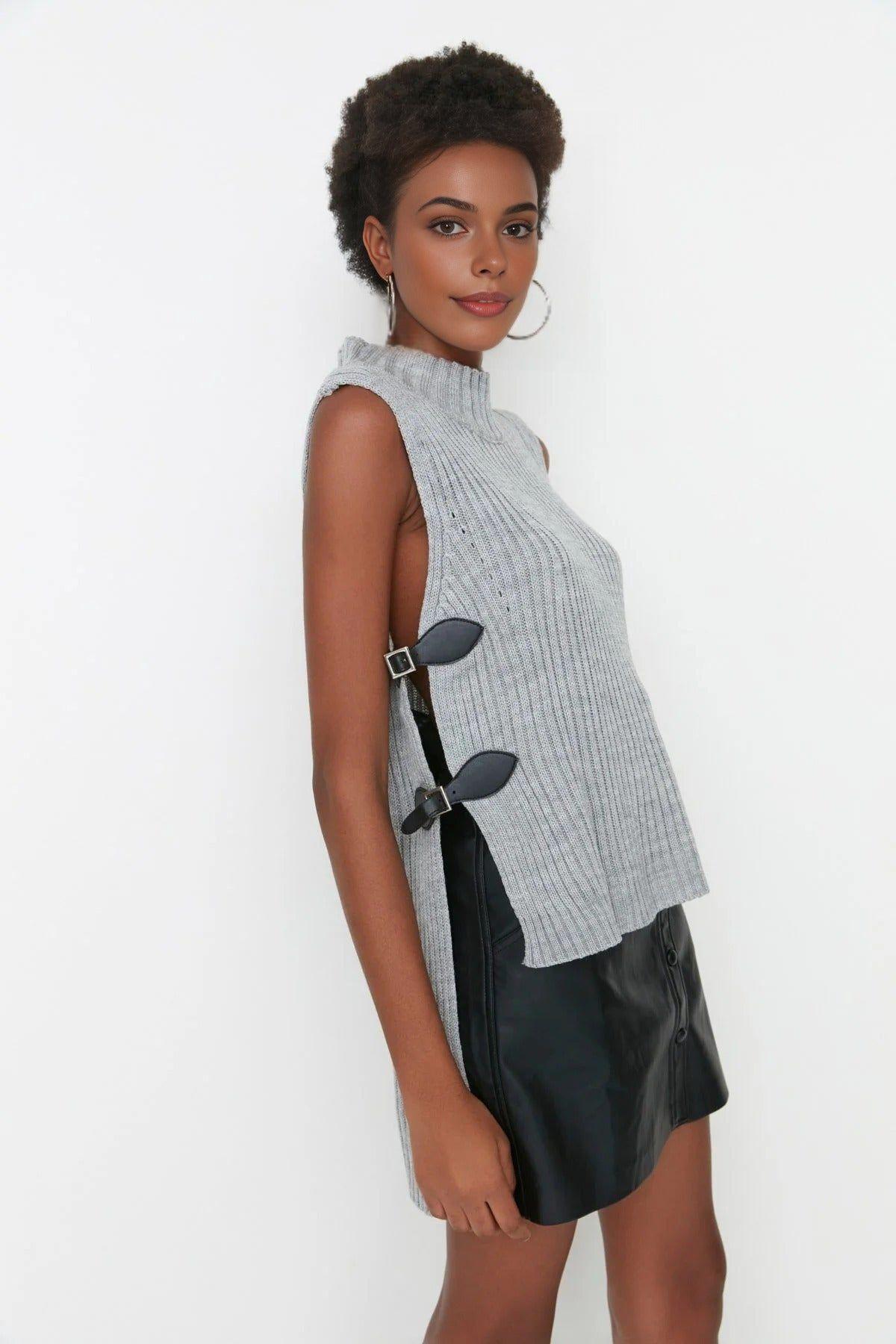 Sleeveless Buckle Detail Rib Knit Sweater by WOVCOR