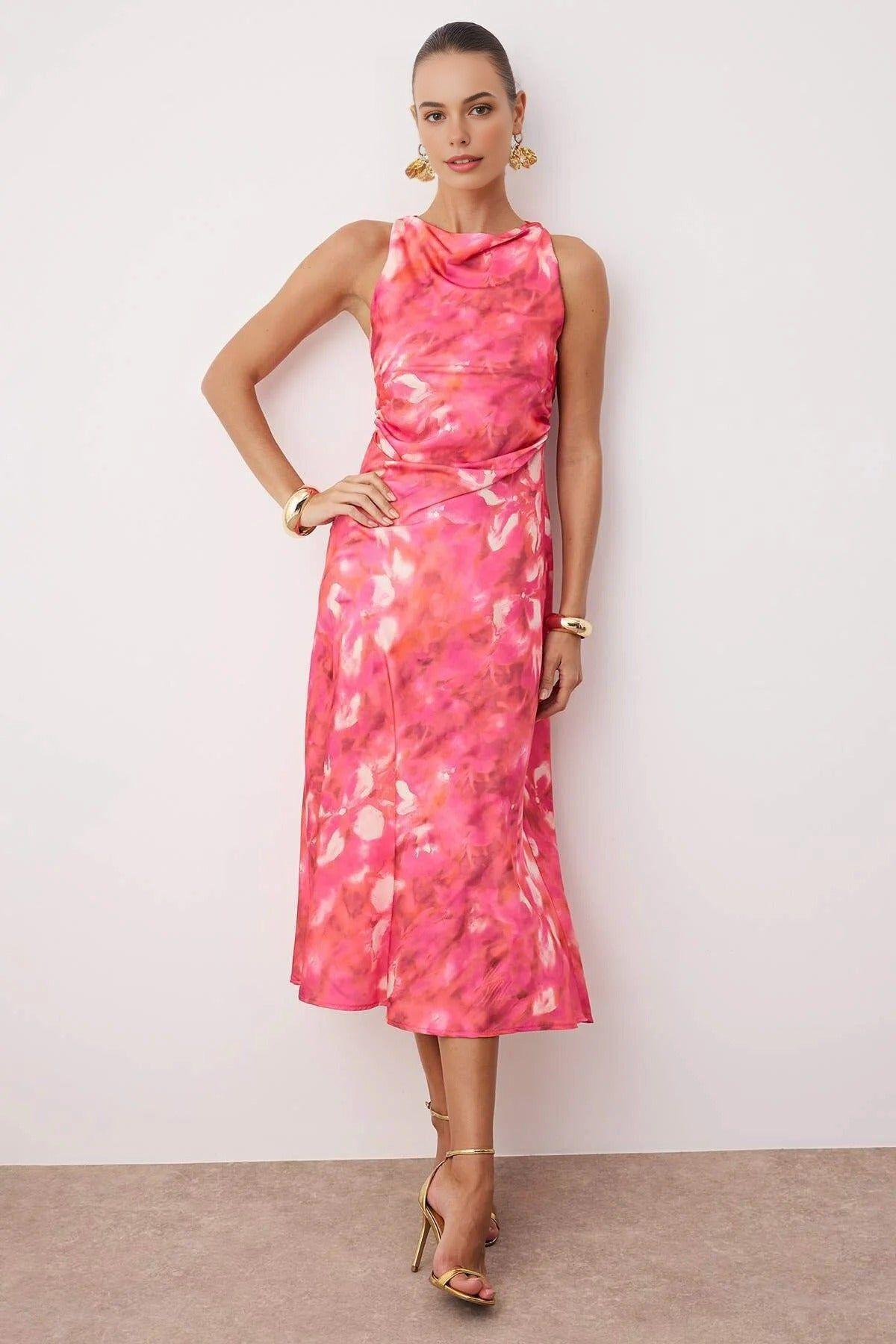 Sleeveless Cowl Neck Printed Satin Midi Dress by WOVCOR