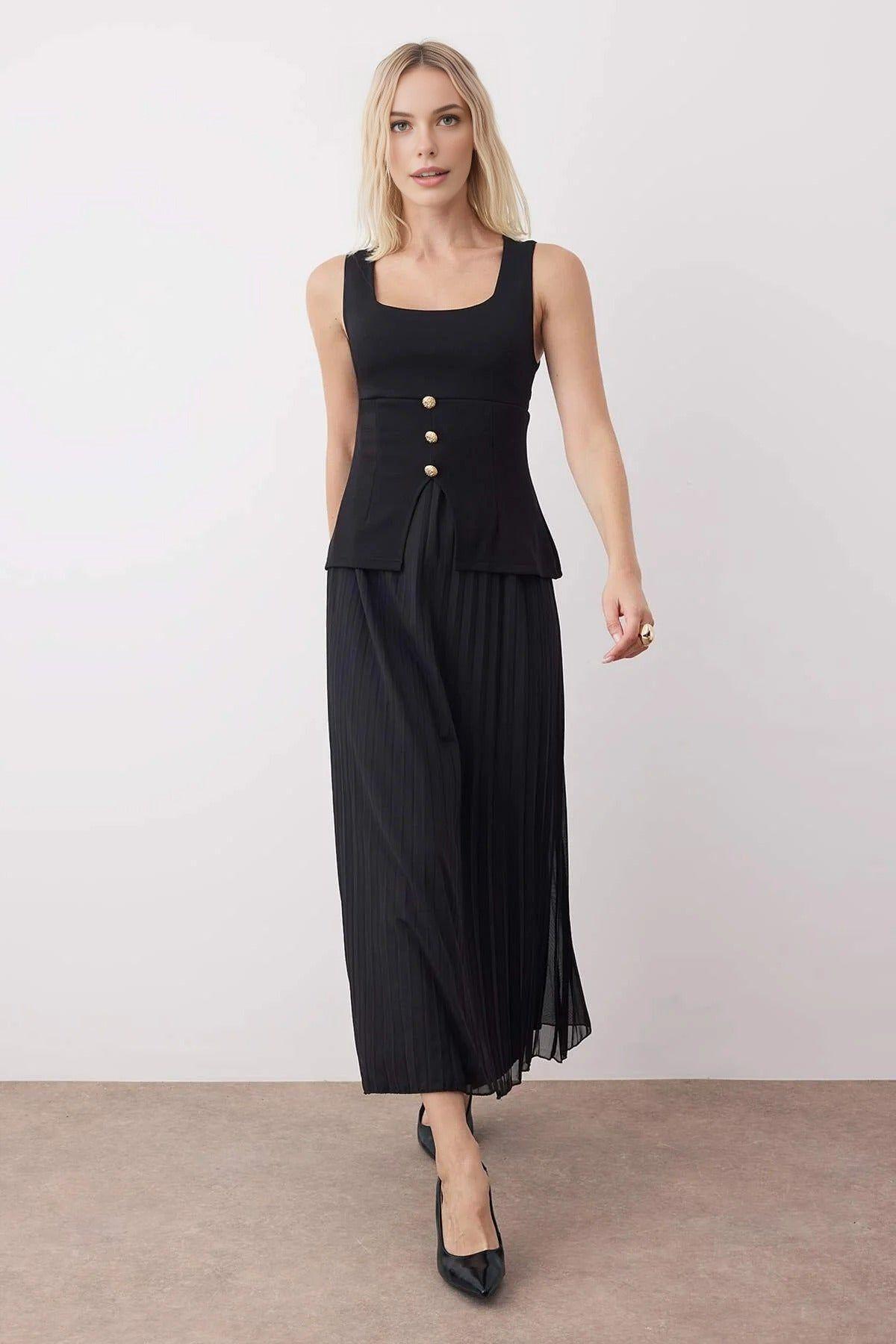 Sleeveless Maxi Knit Dress with Pleated Tulle Skirt and Button Detail by WOVCOR