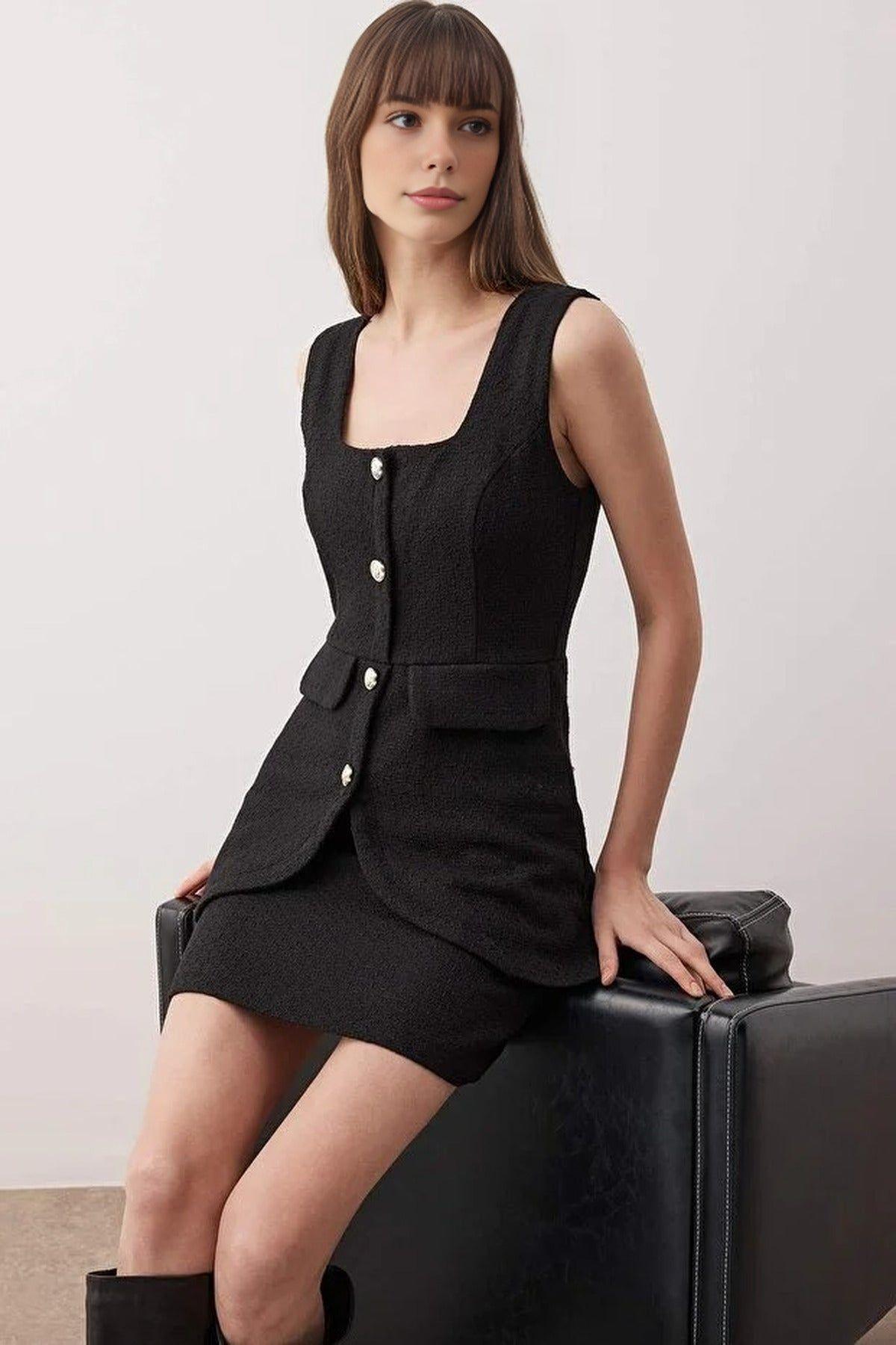 Sleeveless Tweed Mini Dress with Button Front and Pocket Detail by WOVCOR