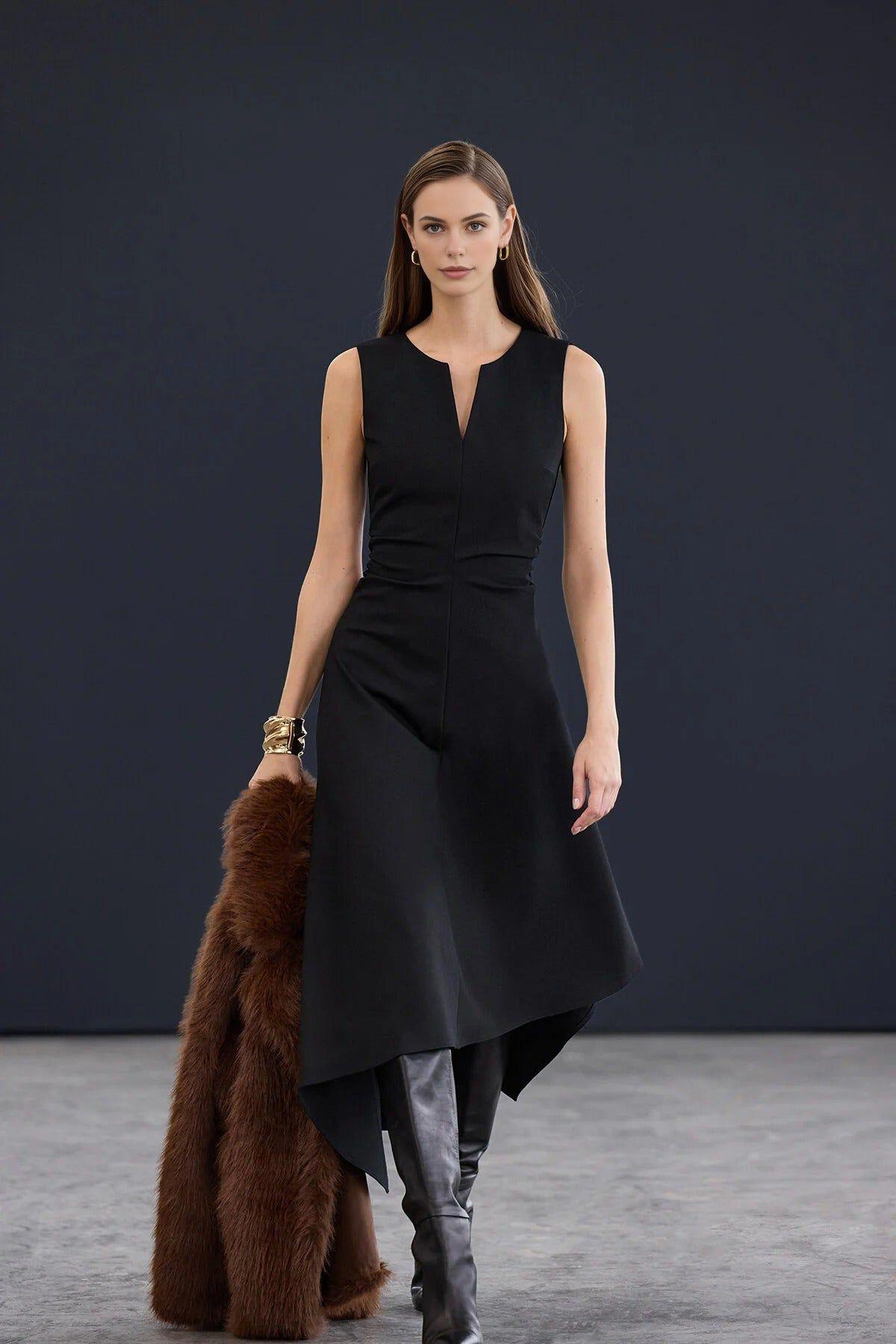 Sleeveless V Neck Asymmetric Hem Midi Dress by WOVCOR Sleeveless V Neck Asymmetric Hem Midi Dress by WOVCOR