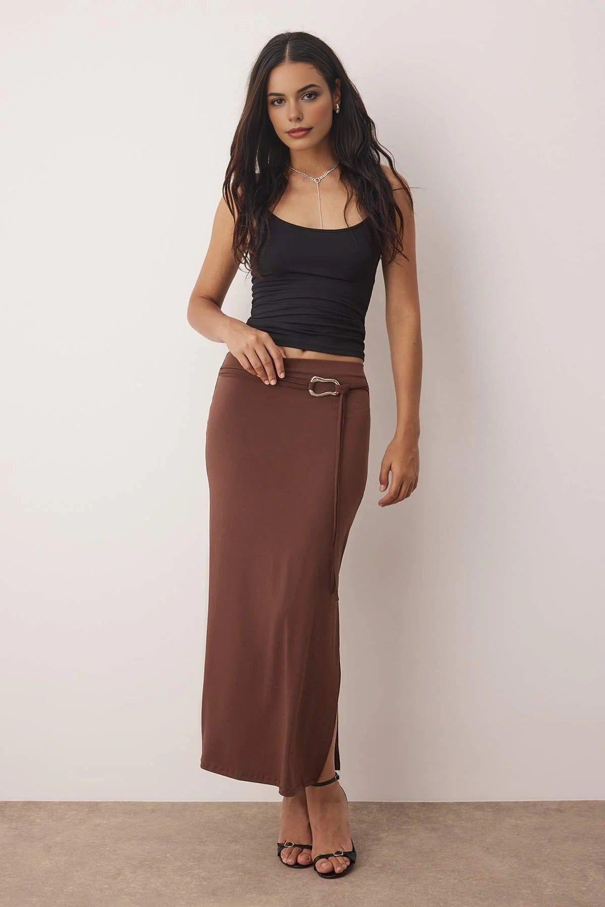 Slit Maxi Knit Skirt with Belt Detail by WOVCOR