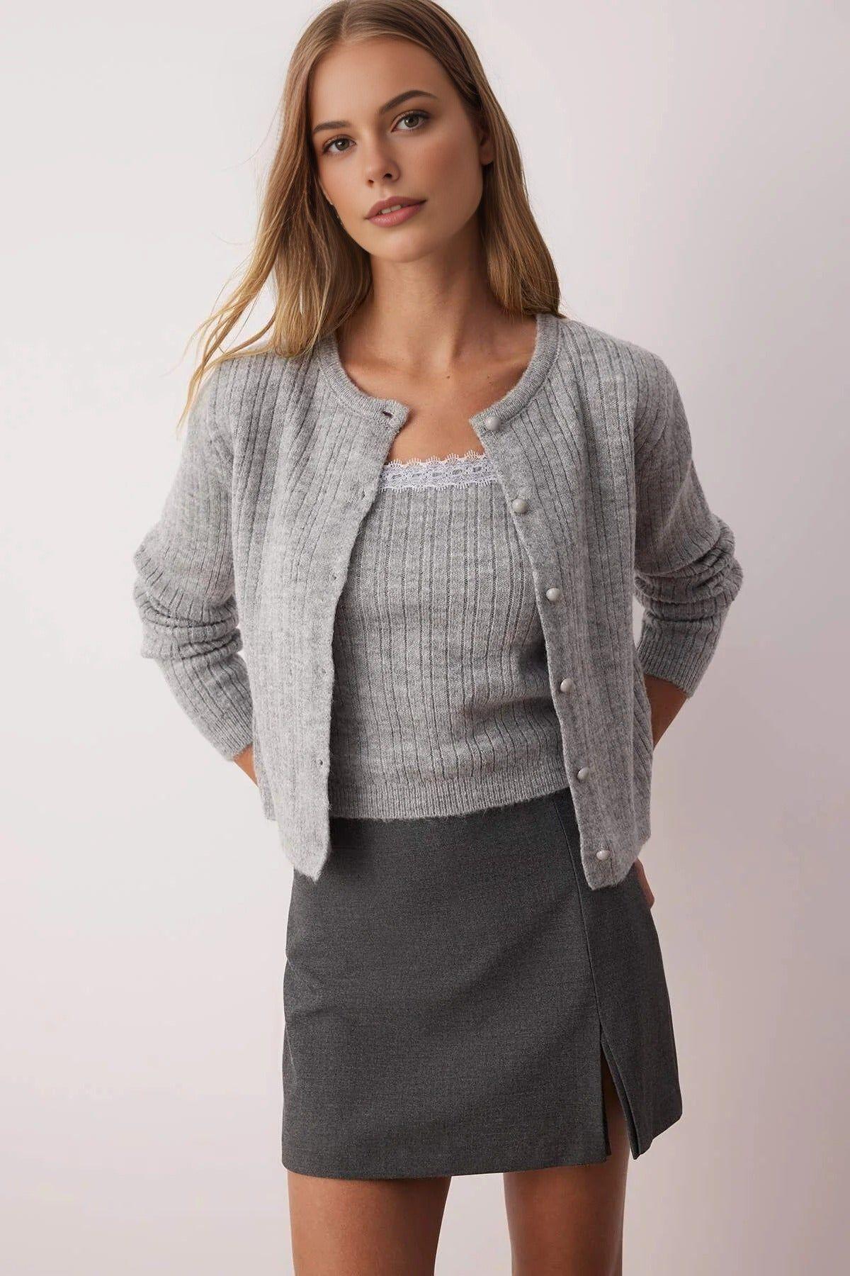 Soft Knit Ribbed Cami And Long Sleeve Cardigan Set by WOVCOR