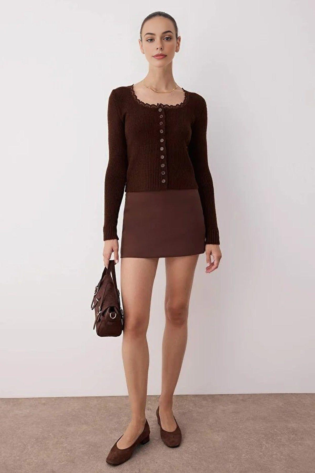 Soft Ribbed Knit Cardigan with Lace Detailing by WOVCOR