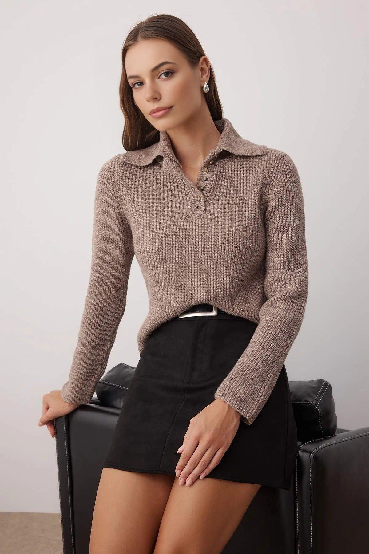 Soft Textured Buttoned Polo Collar Knit Sweater by WOVCOR