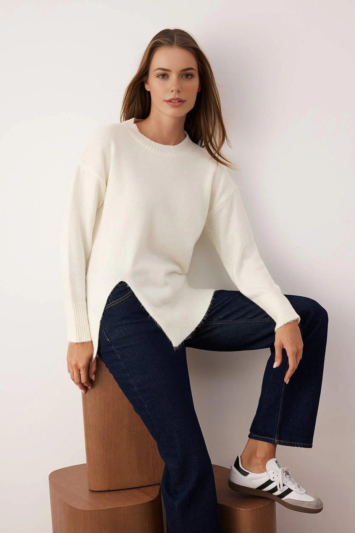 Soft Textured Crew Neck Knit Sweater with Side Slit by WOVCOR