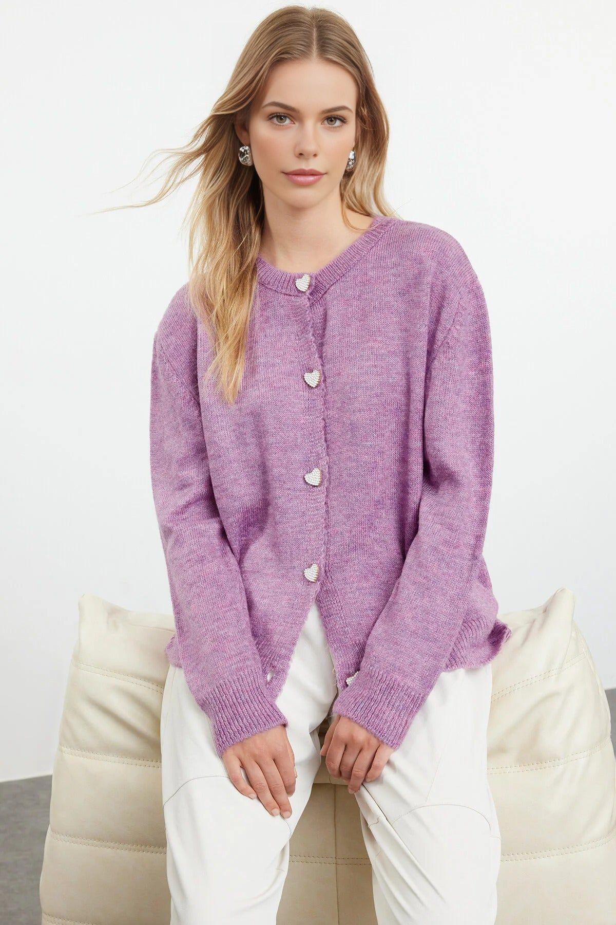 Soft-Textured Knit Cardigan Jewelry Button Detail by WOVCOR