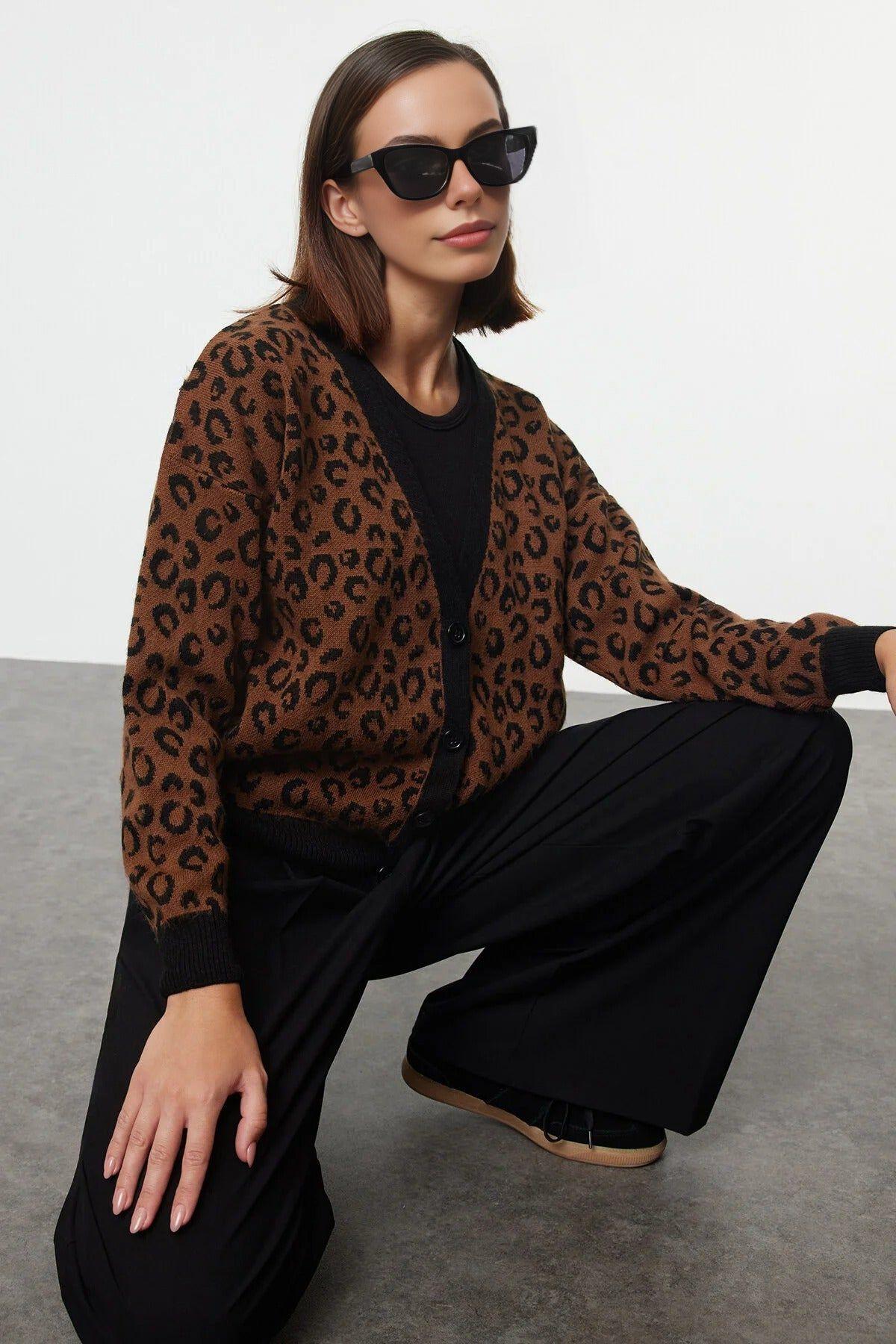 Soft Textured Leopard Print Knit Cardigan by WOVCOR