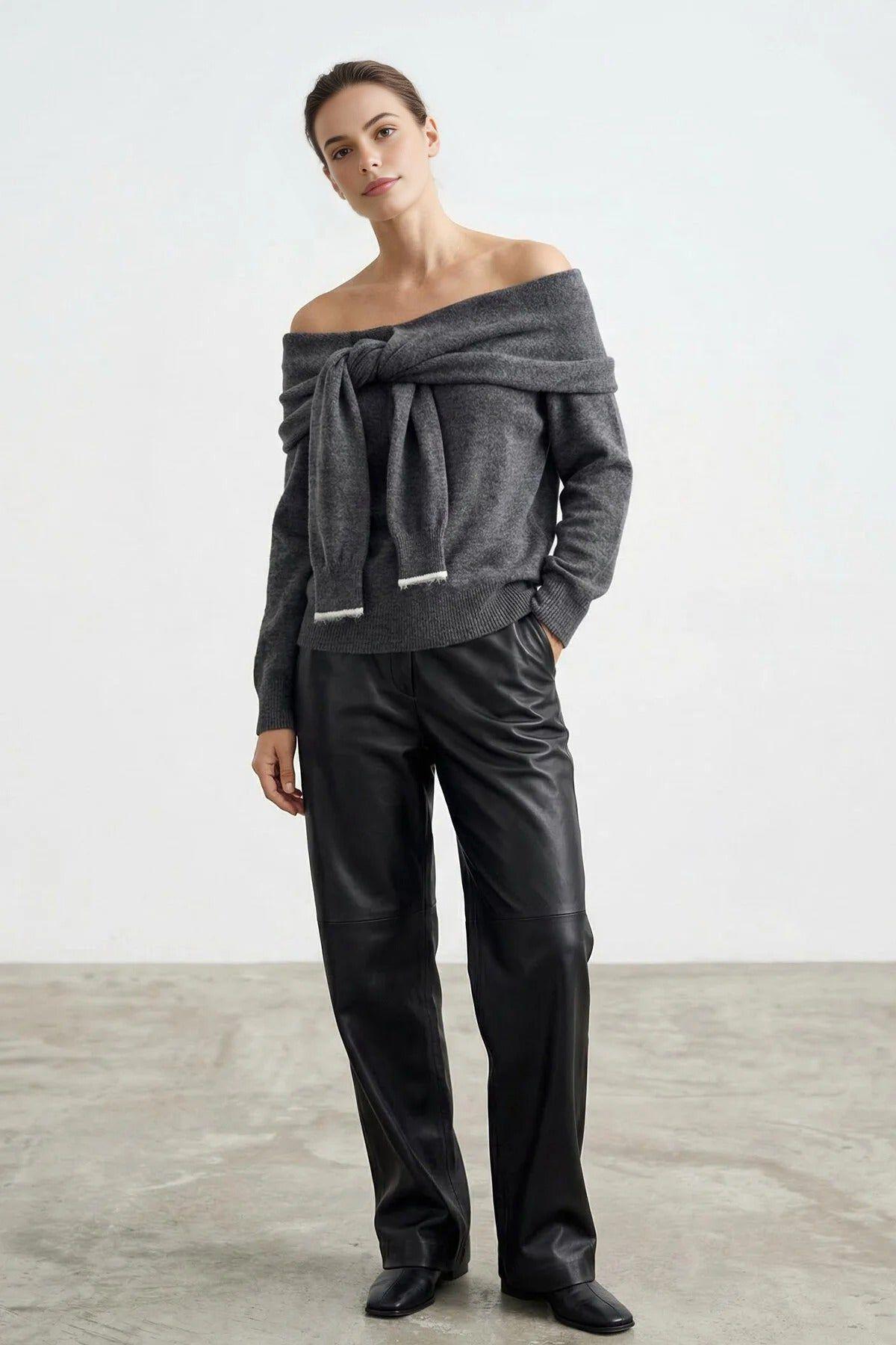 Soft Textured Madonna Neck Tie-Up Knit Sweater by WOVCOR