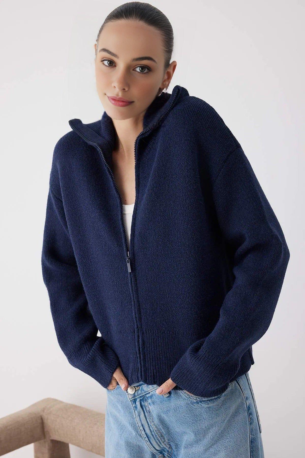Soft Textured Oversize Zipper-Detail Knit Cardigan by WOVCOR