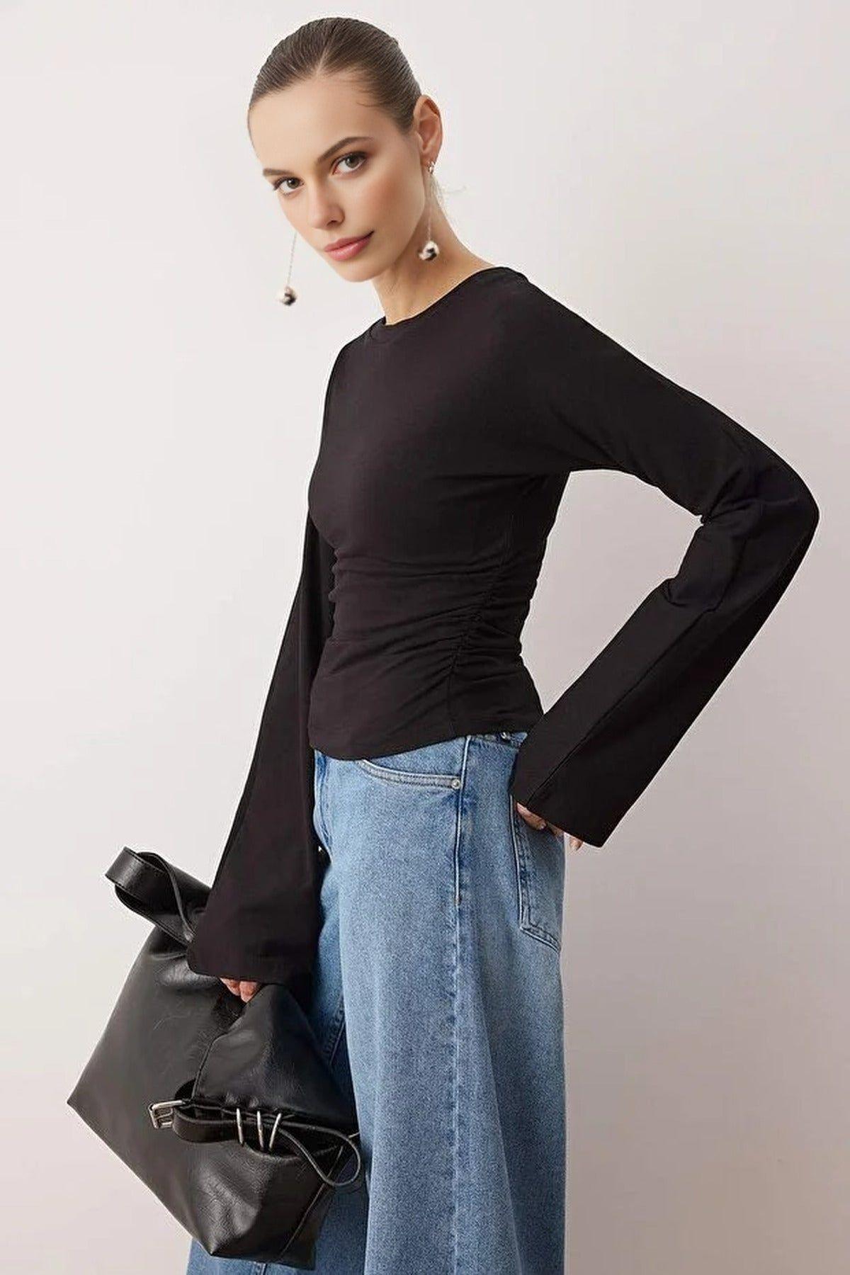 Spanish Sleeve Knit Blouse with Gathered Waist Detail by WOVCOR