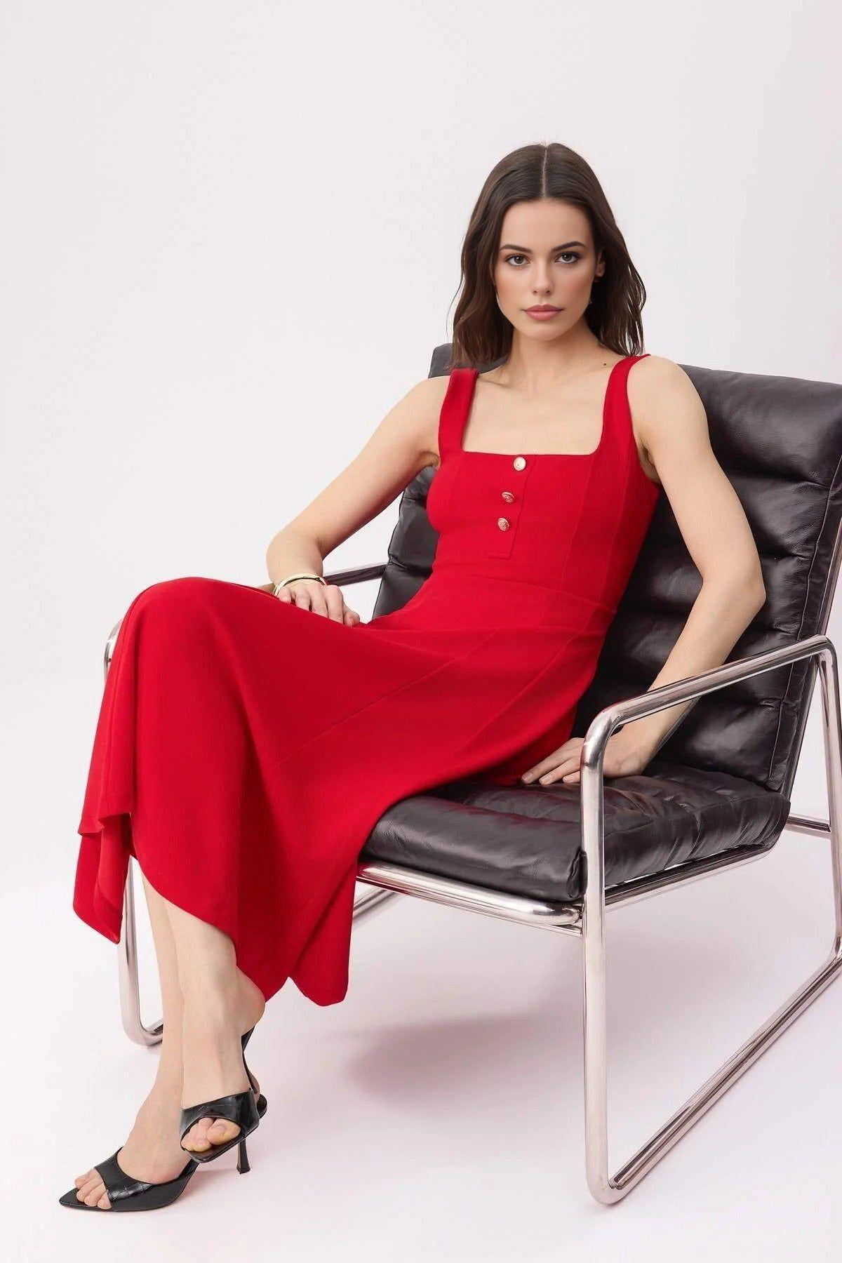 Square Neck Button Detail Sleeveless Midi Dress with A-Line Fit by WOVCOR