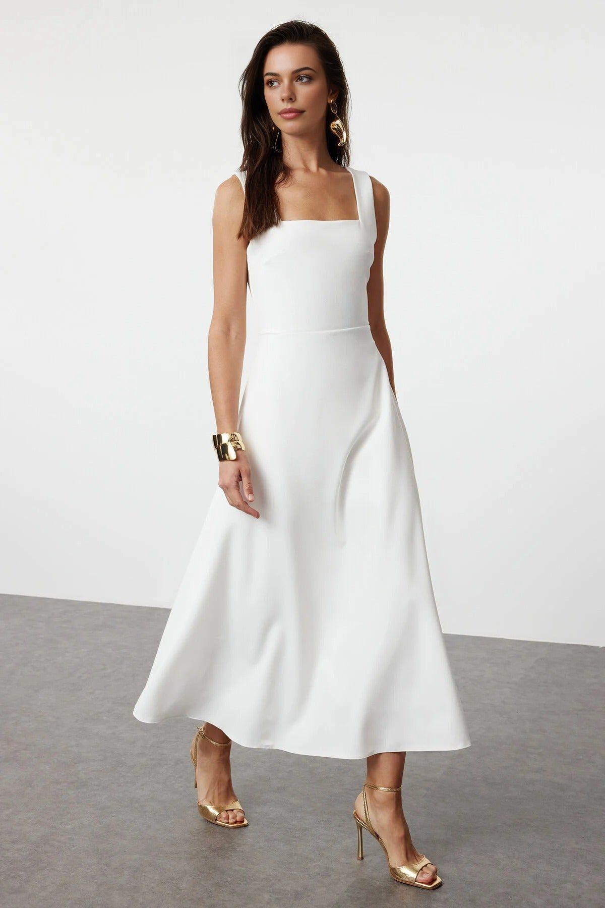 Square Neck Thick Strap A-Line Midi Dress by WOVCOR