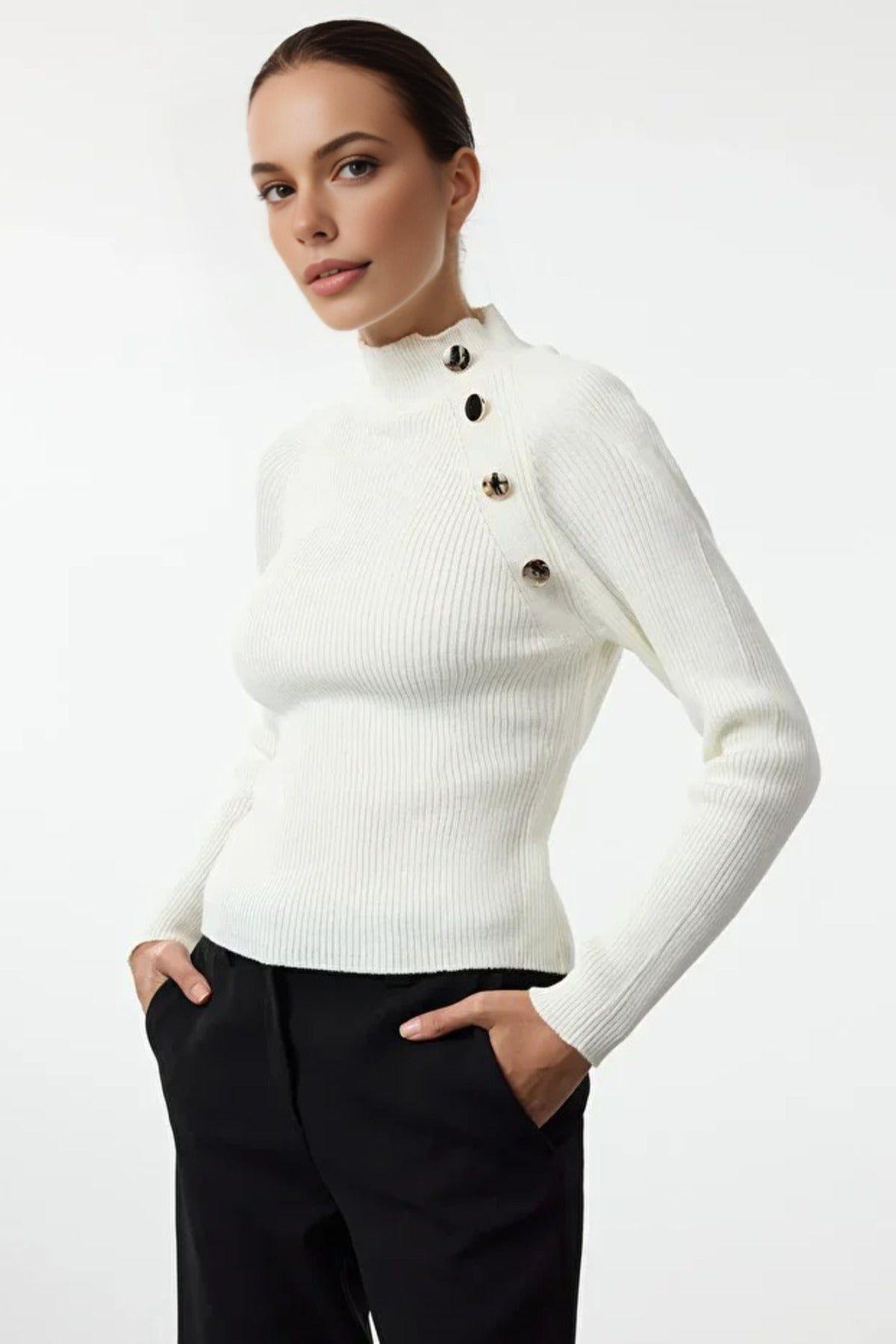 Stand-Up Collar Slim Rib Knit Sweater With Button Detail by WOVCOR