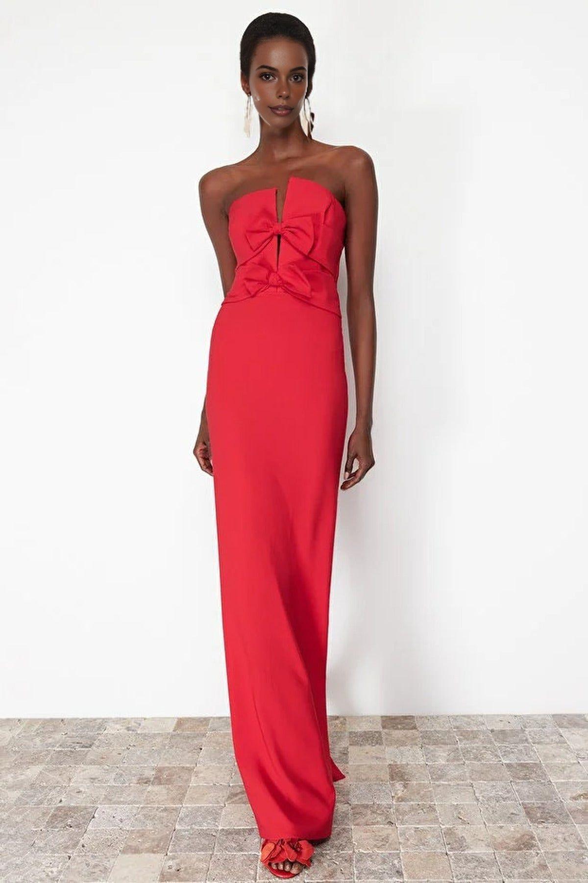 Strapless Bow Detail Split Maxi Dress by WOVCOR