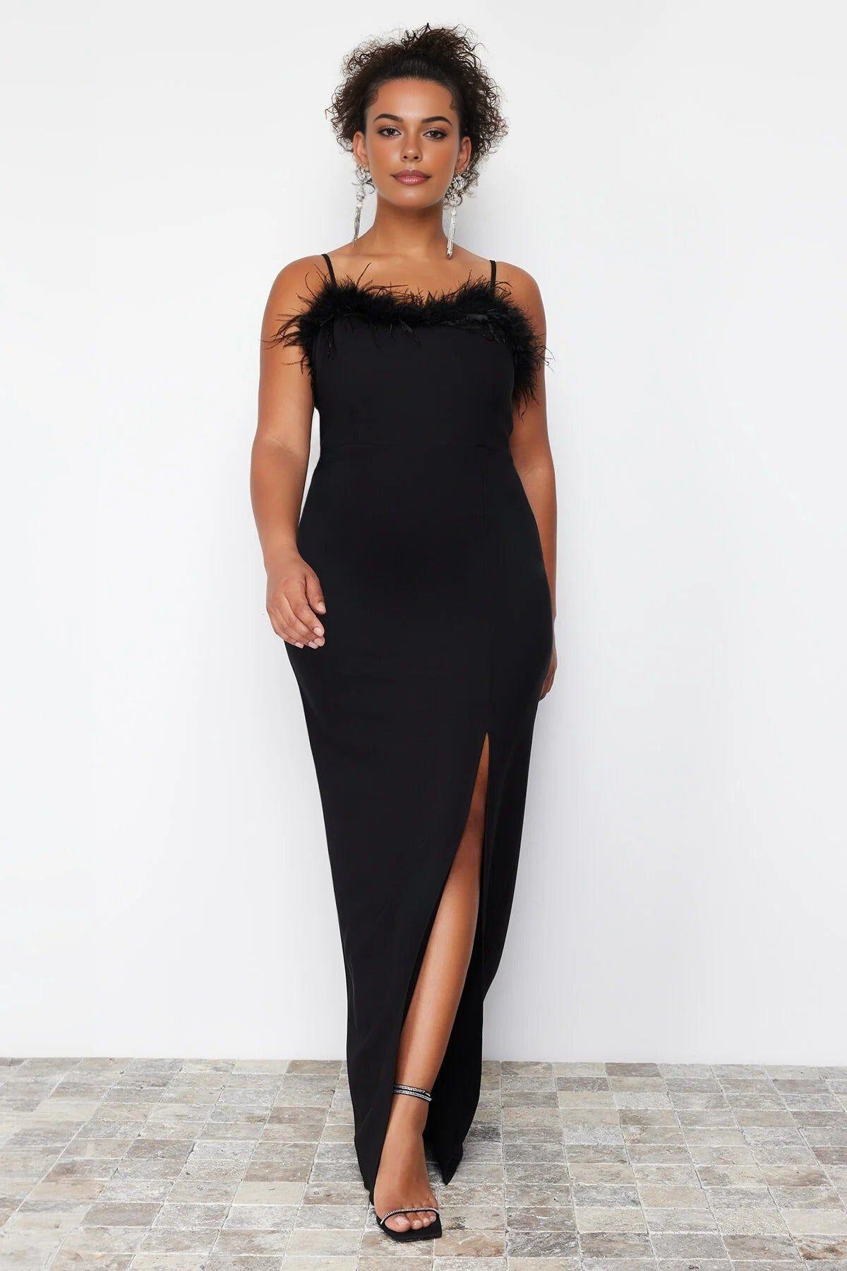 Strappy Feather Trim Split Maxi Evening Dress by WOVCOR