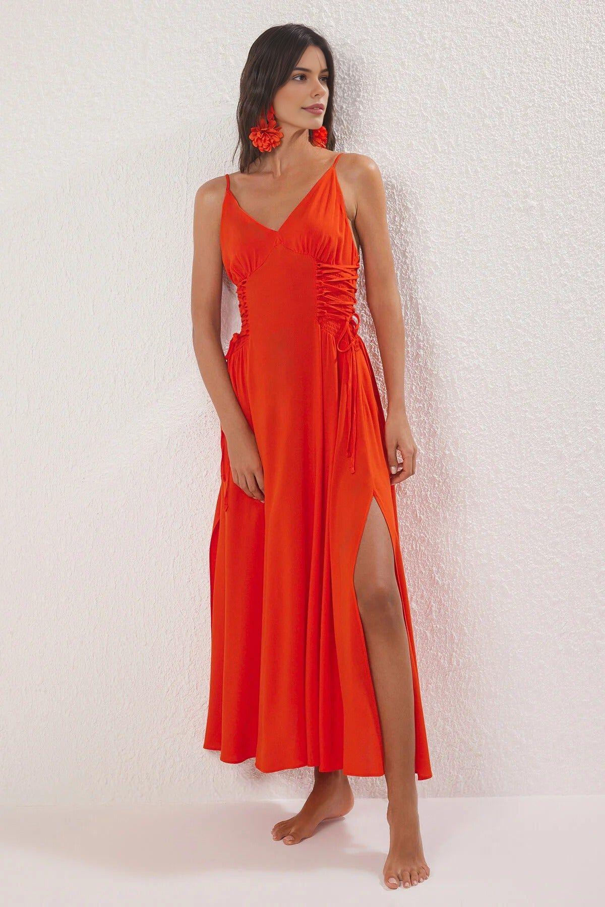 Strappy V Neck Ruched Split Maxi Beach Dress by WOVCOR