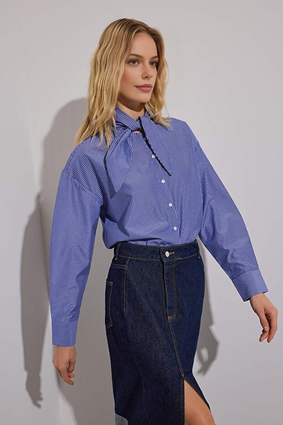 Stripe Shirt with Scarf Tie Neck Detail by WOVCOR