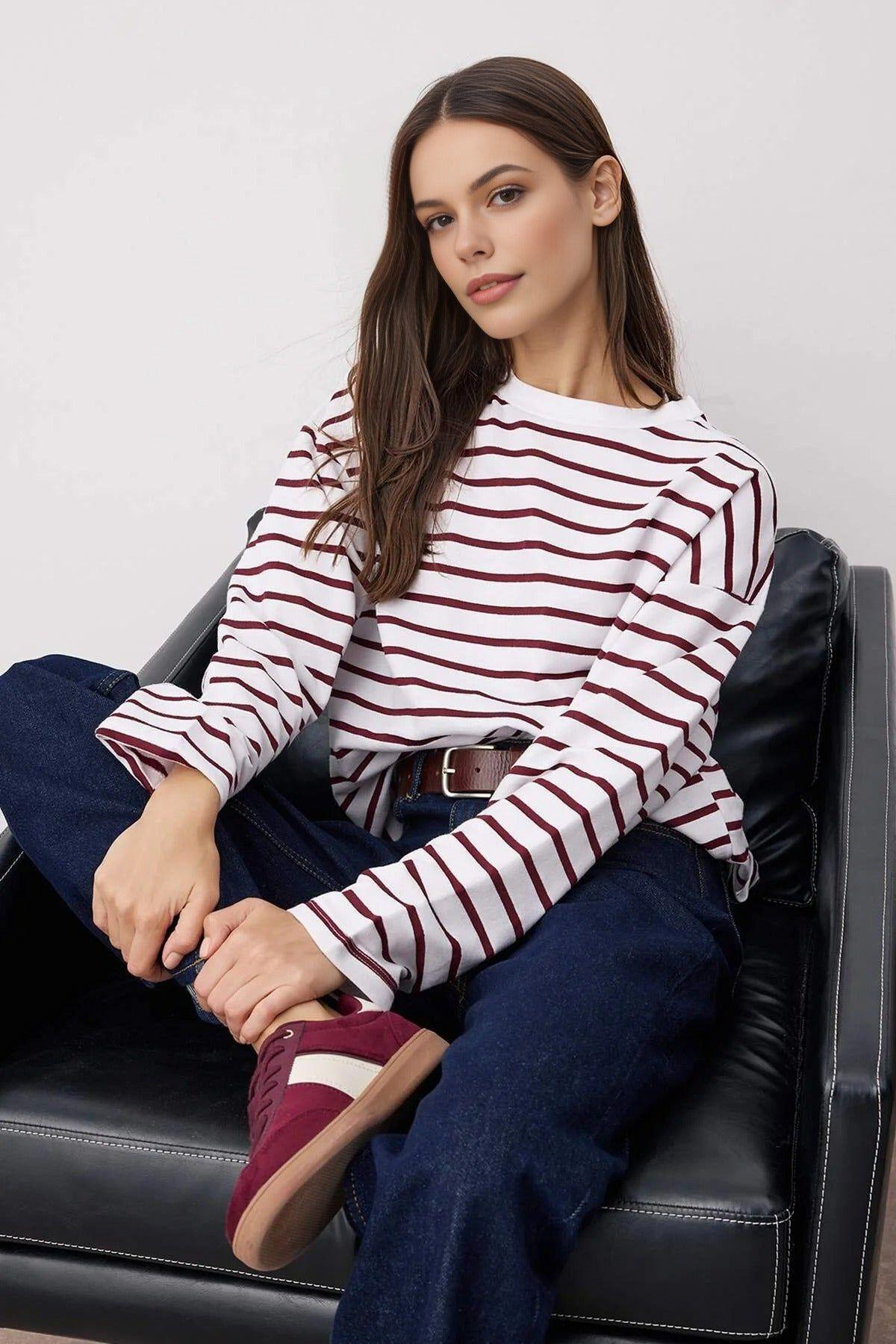 Striped Crew Neck Cotton Sweatshirt by WOVCOR
