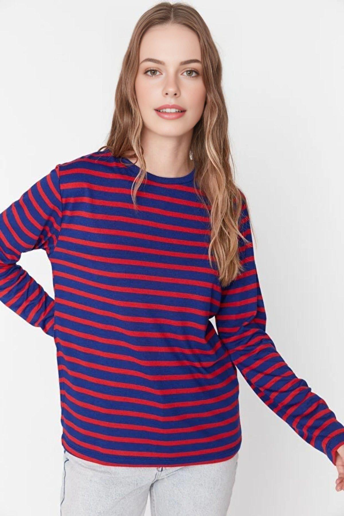 Striped Crew Neck Knit Long Sleeve T-Shirt by WOVCOR