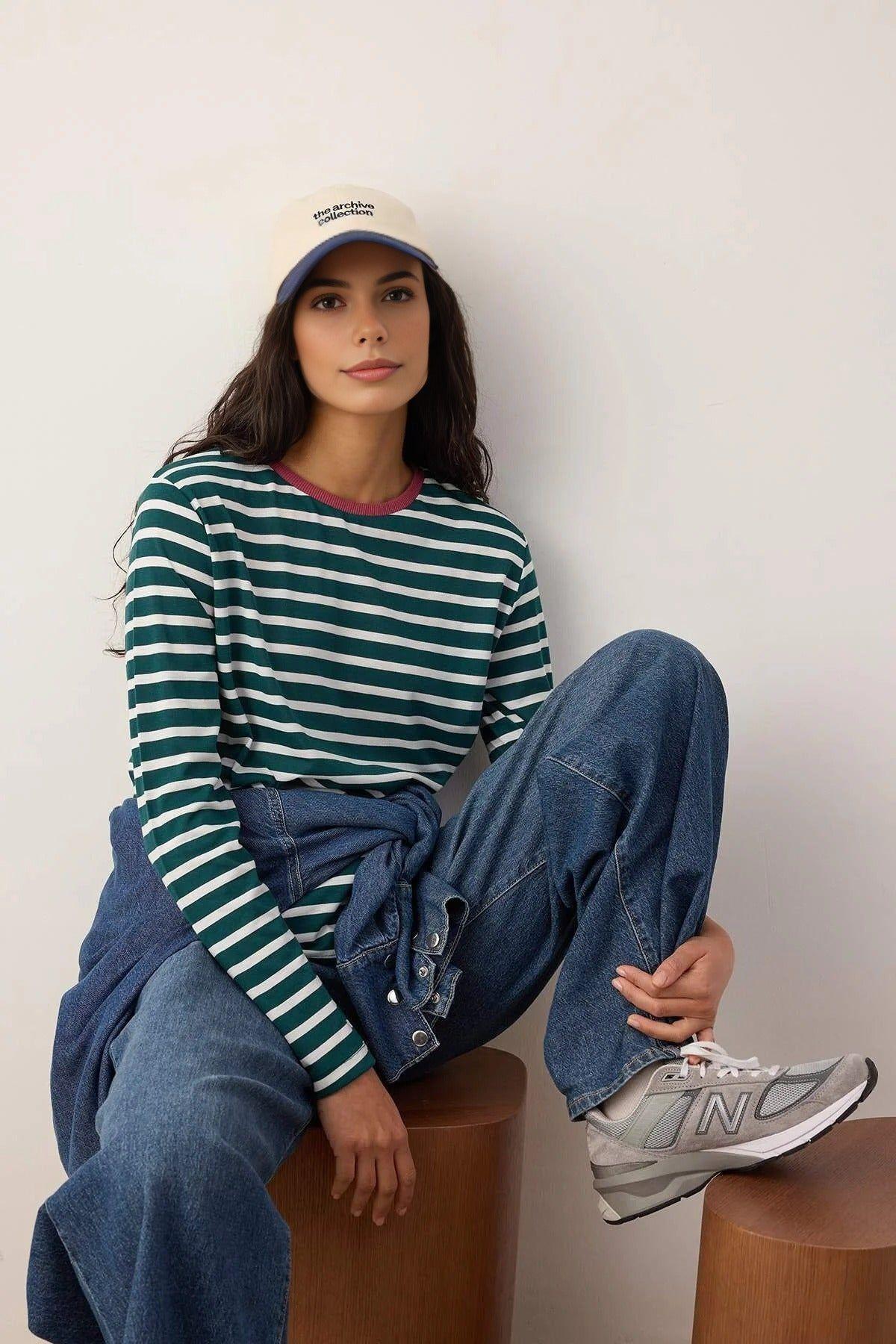 Striped Crew Neck Long Sleeve Cotton T-Shirt by WOVCOR