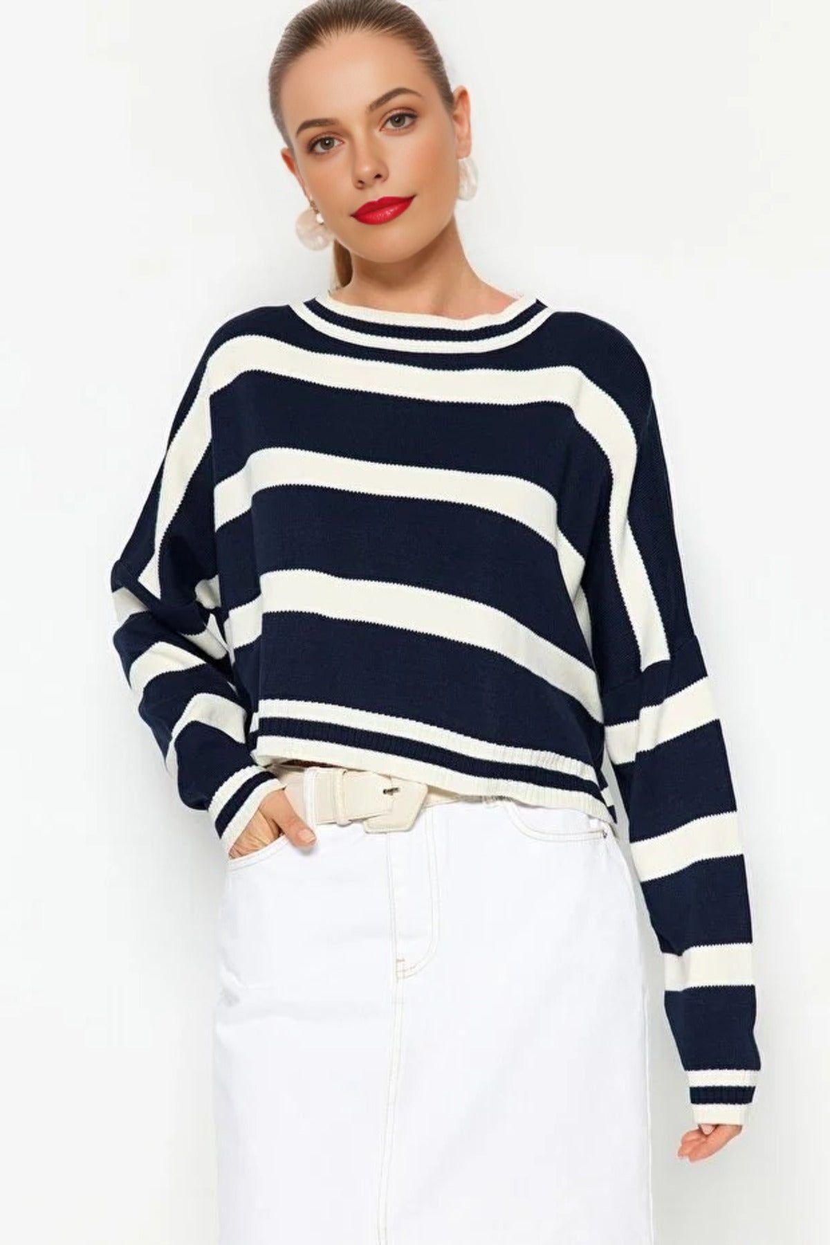 Striped Cropped Knit Sweater by WOVCOR