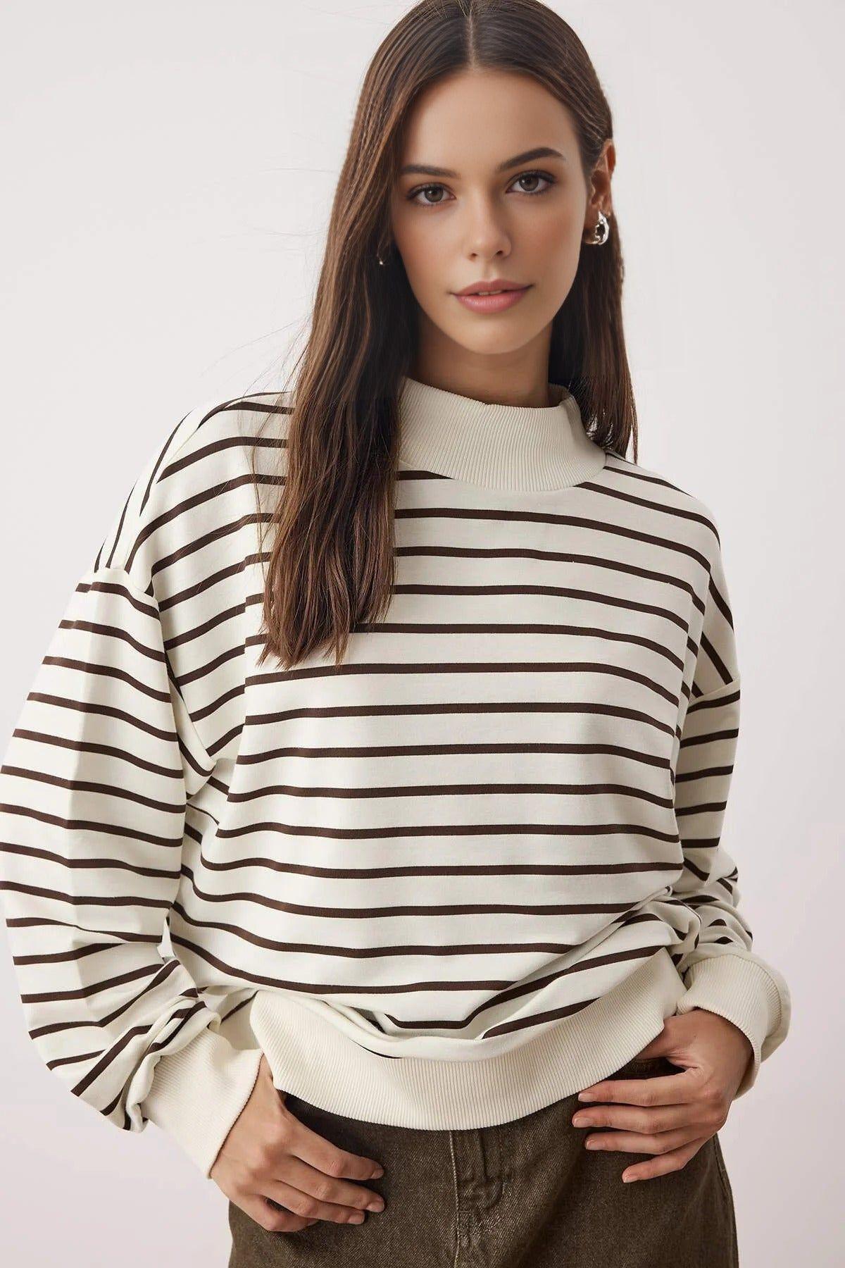 Striped High Neck Fleece Sweatshirt by WOVCOR