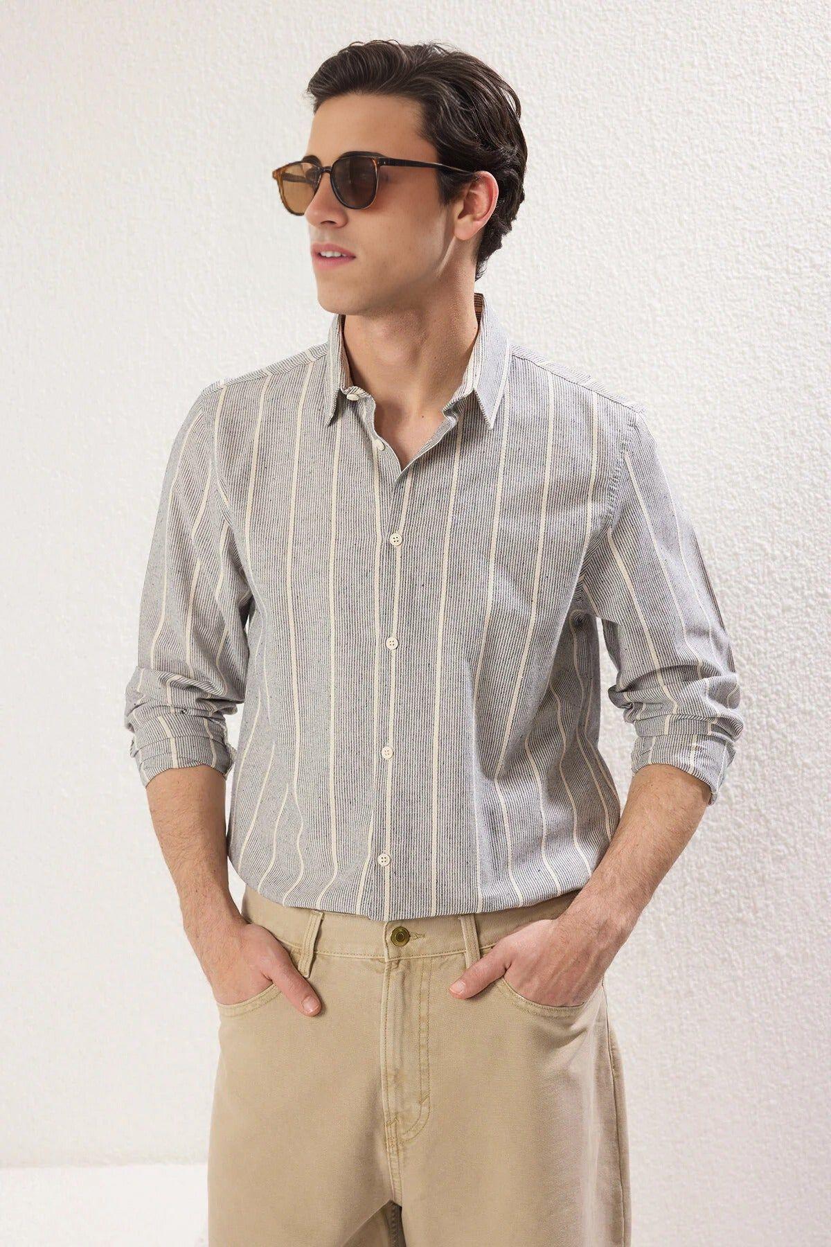 Striped Linen-Look Long Sleeve Button-Up Shirt by WOVCOR