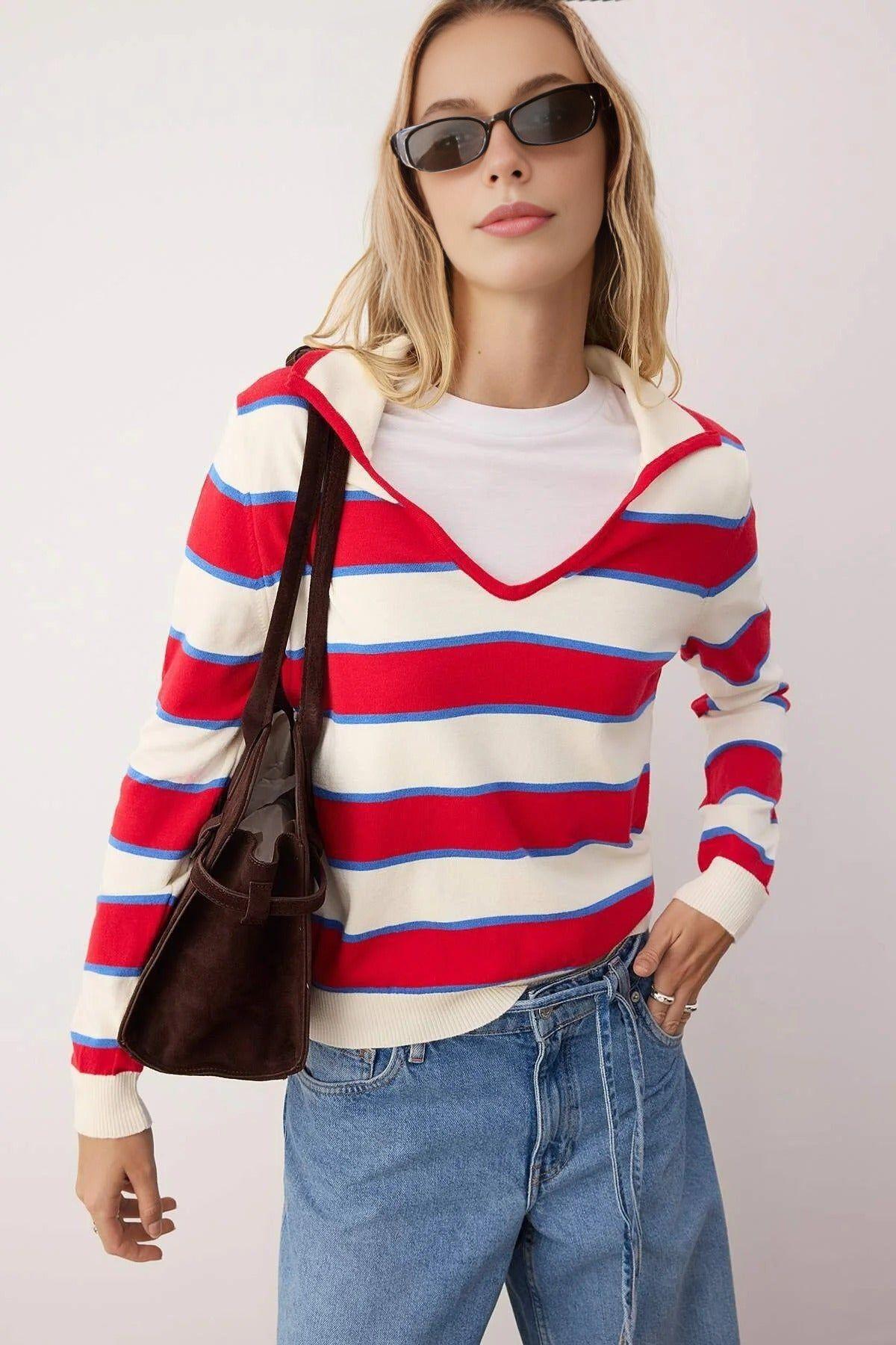 Striped Long Sleeve Knit Sweater with Open Collar by WOVCOR